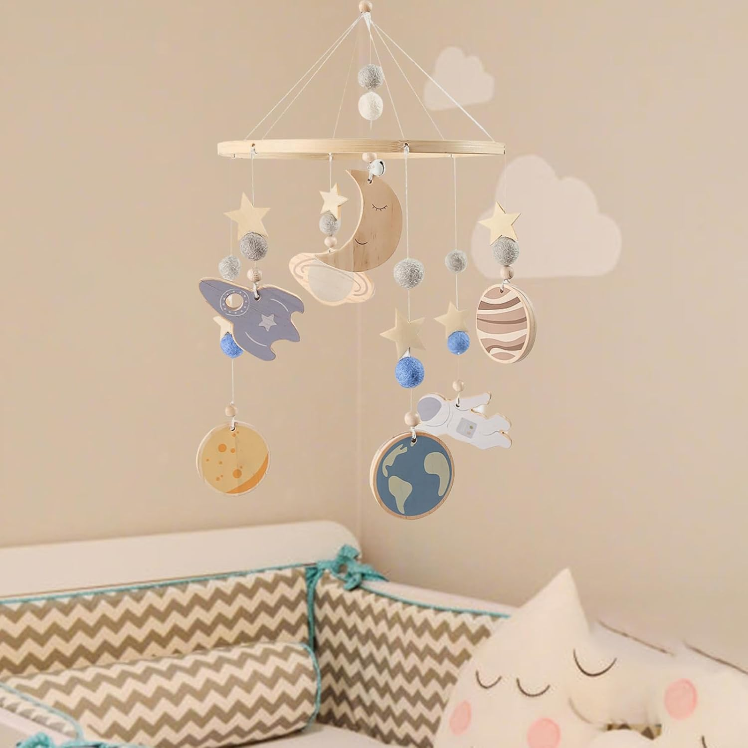 Baby Crib Mobile | Wooden Nursery Ornaments | Space Crib Mobile 360 Degree Rotatable for Soothing Calming Visual Stimulation Play Nursery Night Travel