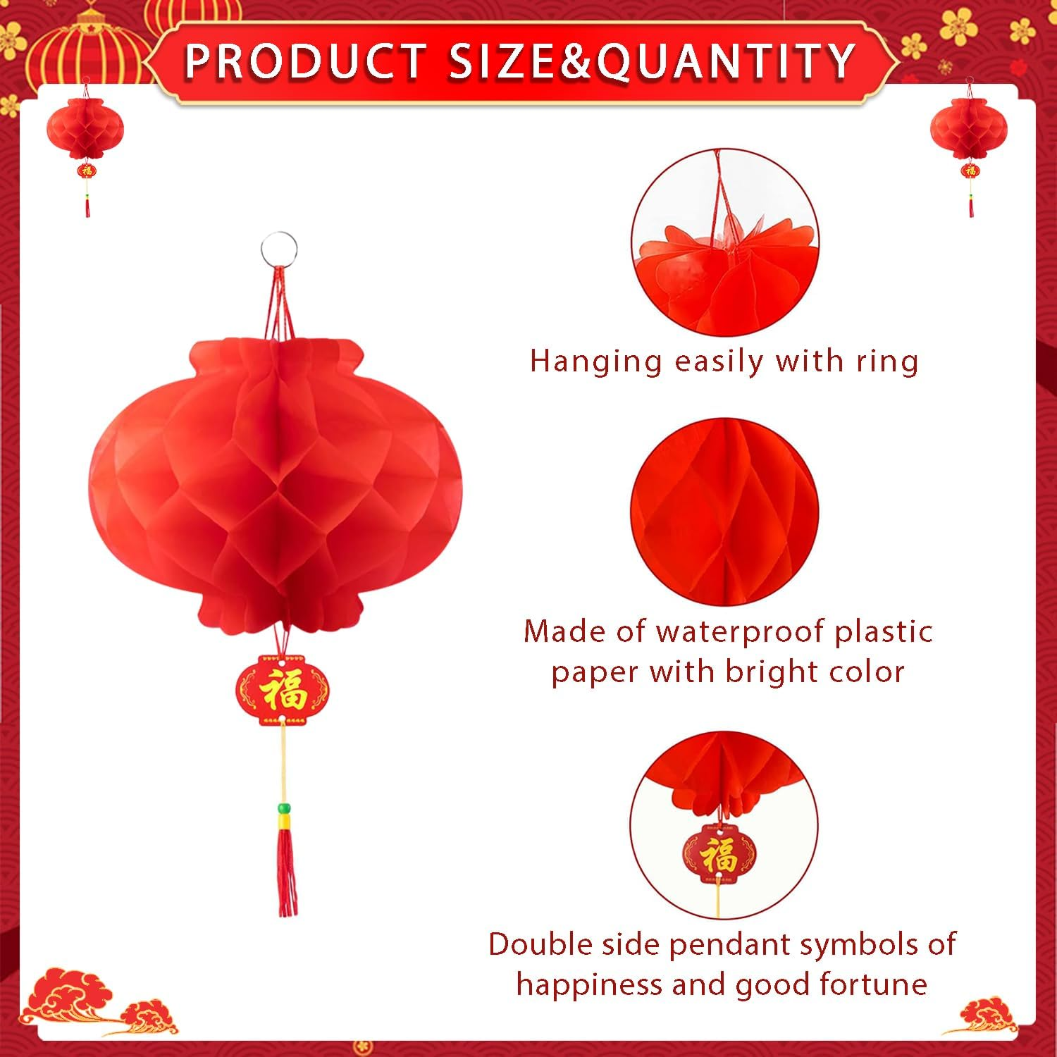 20 Pcs 12 Inch Red Chinese Paper Lanterns Festival Decorations for New Year, Chinese New Year, Spring Festival, Wedding, Birthday Party image number 6