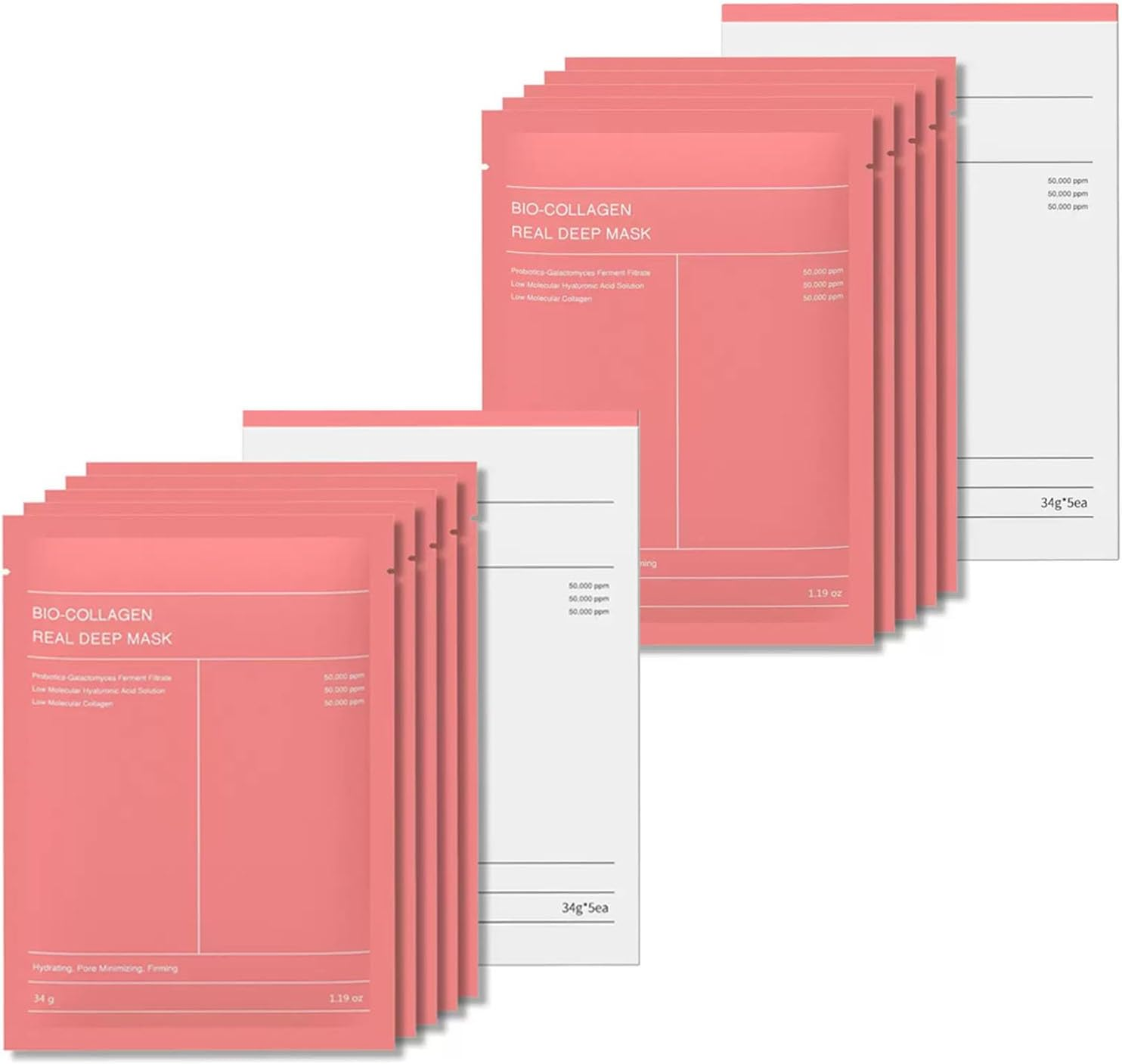 5 Sheet Bio-Collagen Real Deep Mask, 100% Korean Face Mask Skincare Products, Overnight Hydrating Face Mask, Pore Minimizing, Elasticity Improvement (34G X 5Ea)