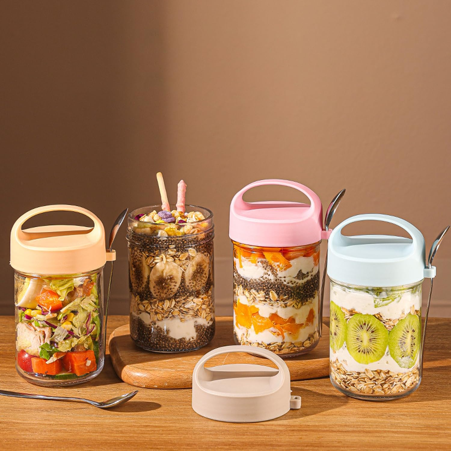 6 PCS 15OZ Overnight Oats Containers Jars with Lids and Spoons, Oatmeal Containers with Handle, Wide Mouth Glass Mason Overnight Oats Jars for Cereal Fruit Vegetable Milk Salad Yogur image number 2
