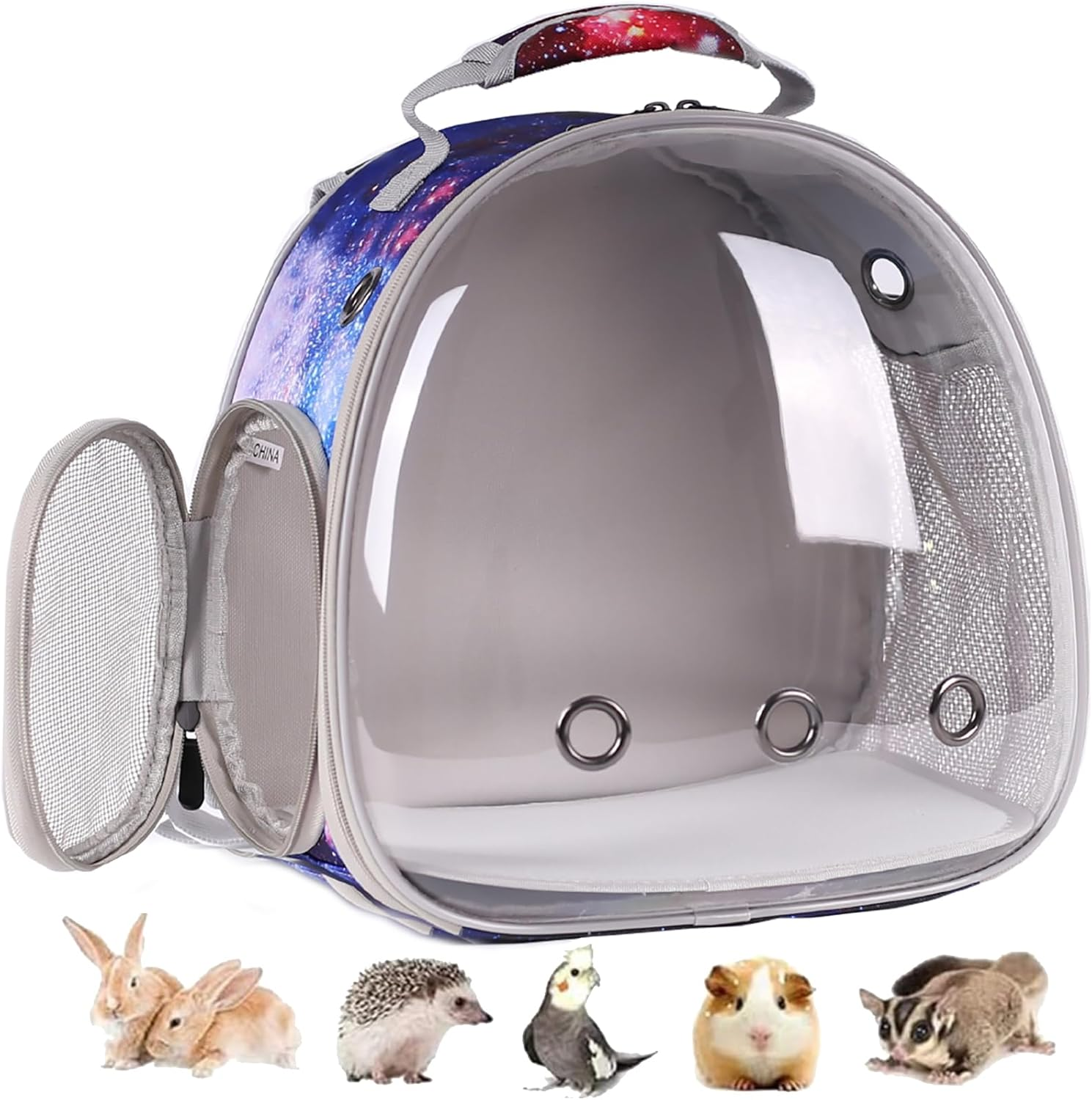 Pimoka Bunny Carrier Backpack with Space Capsule Clear Bubble Window - Portable Small Animal Backpack Travel Pet Carrier Galaxy for Guinea Pig Rabbit Bearded Dragon Rat Lizard Hamster (Galaxy Pink)