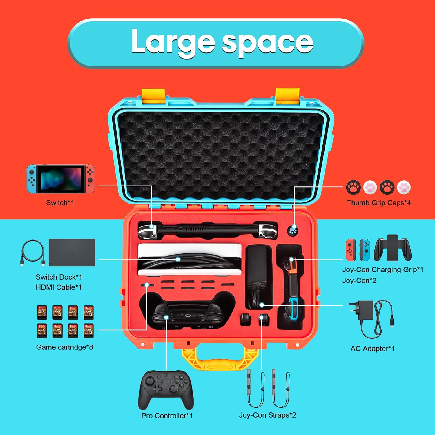 DEVASO Carrying Case for Nintendo Switch Travel Case ,Professional Deluxe Waterproof Case Soft Lining Hard Case for Nintendo Switch Console Pro Controller & Accessories (Red&Blue)