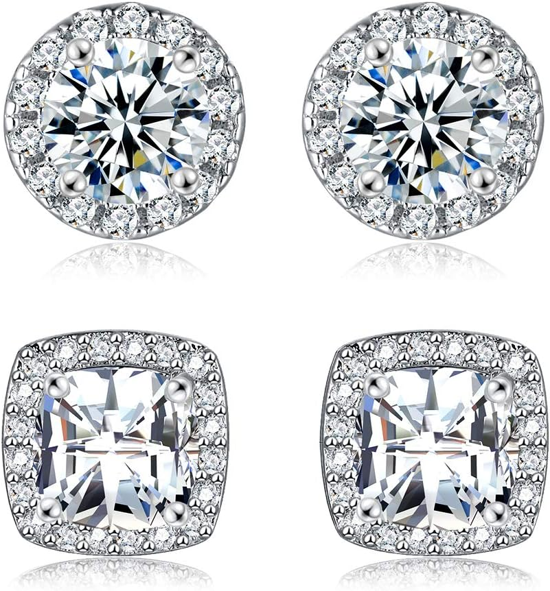 18K White Gold Plated round Square Cubic Zirconia Simulated Diamond Halo Stud Earrings (2 Pairs) image number 6