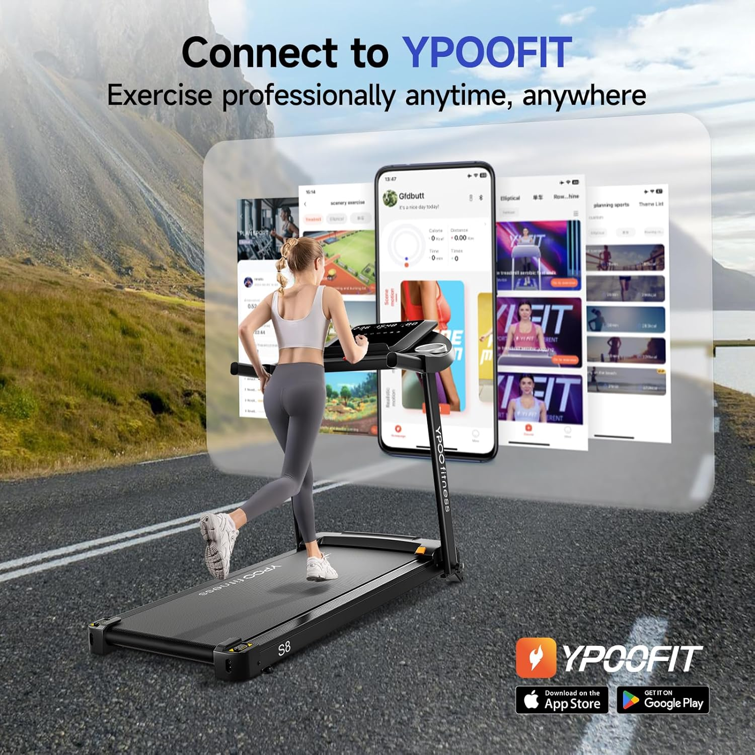 YPOO Treadmills for Home, 8.0 MPH Walking Pad Treadmill with Incline, Foldable Treadmill with Handles, Low Noise Walking Pad with Incline up to 8% for 300 Lbs