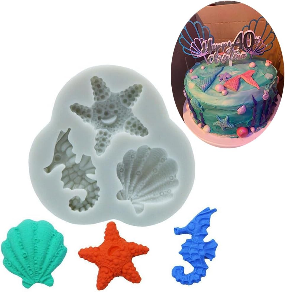 Fondant Silicone Cake Molds Mermaid Theme, Seashell Starfish Seahorse Silicone Mold for under the Sea Cake Decoration (Grey) image number 3