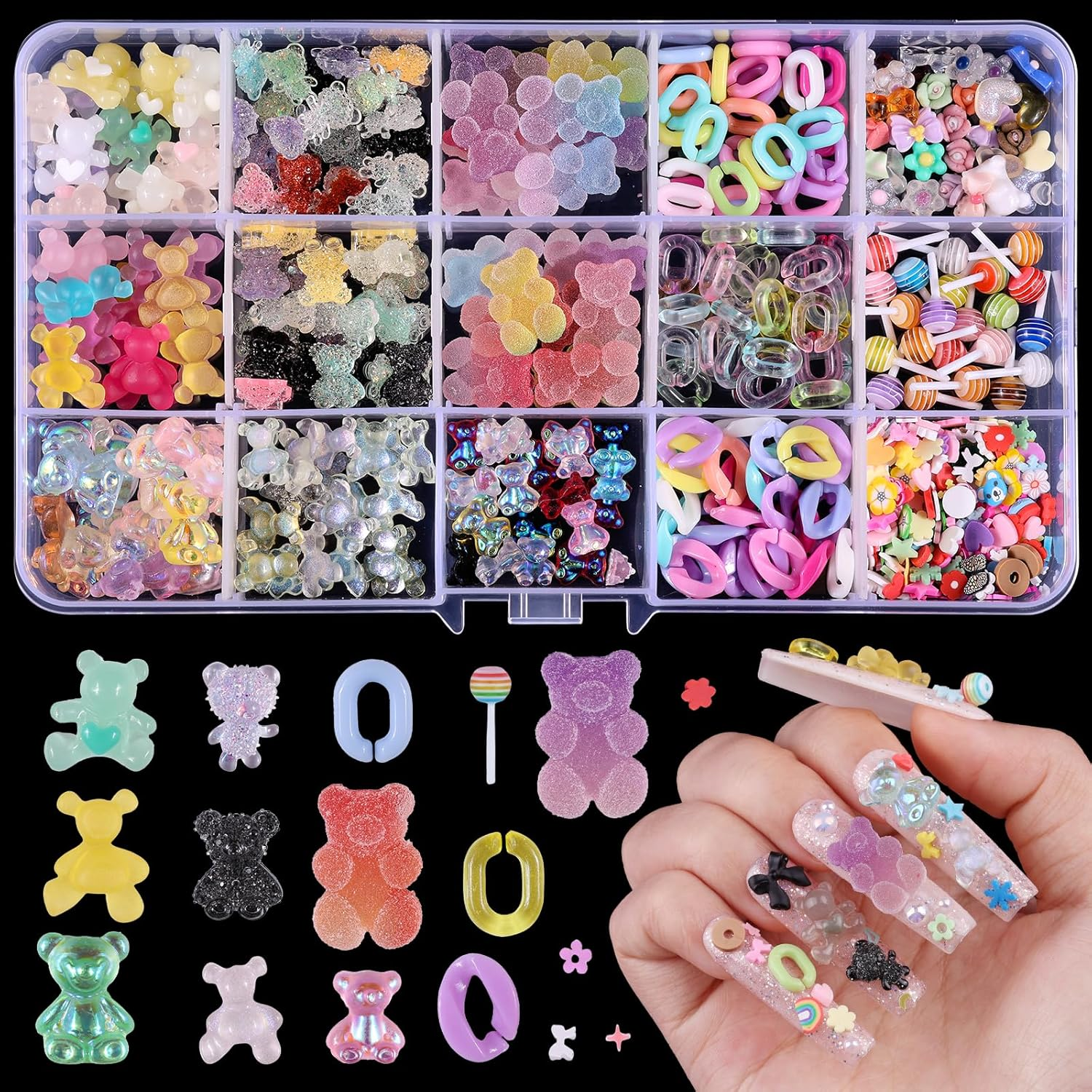Edittime 200PCS Kawaii Colorful Resin Acrylic 3D Gummy Bear Multi-Sized Heart Star Nail Charms with 300PCS Snowflake Heart Star Slice (Multicolor5)
