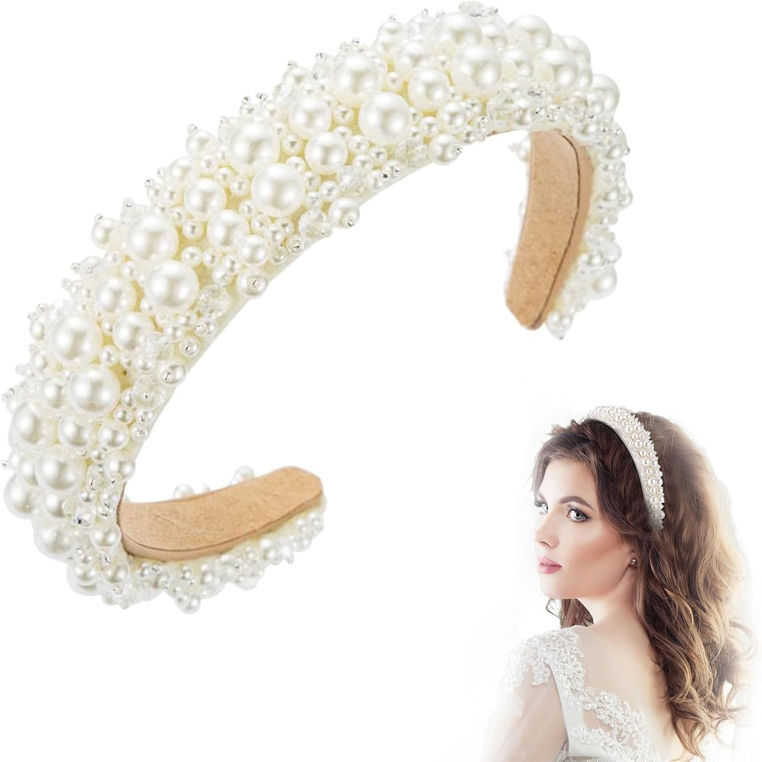 Women'S Pearl Headband, White Pearl Headband Dirndl, Wide Elegant Braided Headband Glitter, Hair Hoop Women'S Velvet Bridal Hair Bands Hair Accessories Wedding Hairstyles Accessories image number 5