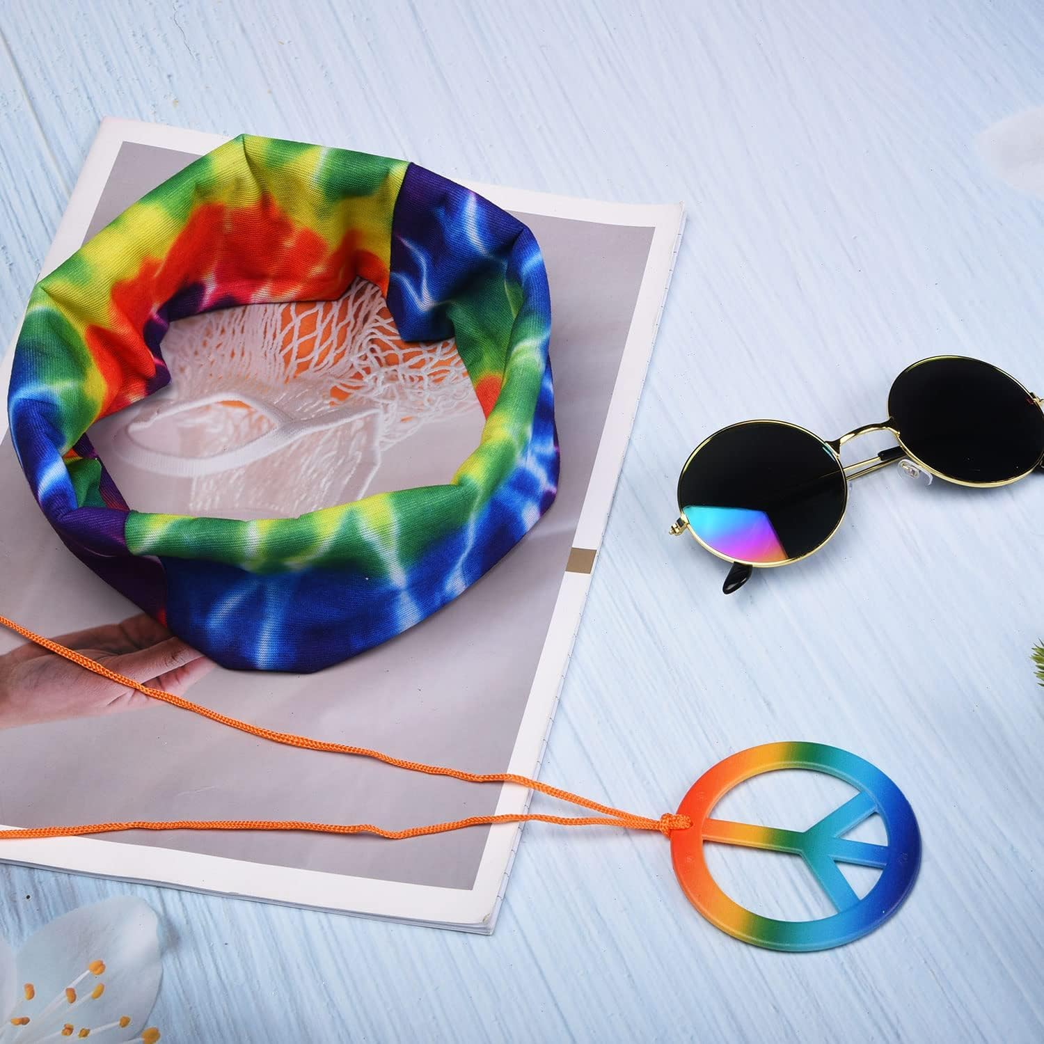 IKEEP 3 Pieces Hippie Costume Set Hippie Sunflower Headband Peace Sign Necklace round Hippie Sunglasses for Hippie Fancy Dress Accessory image number 3