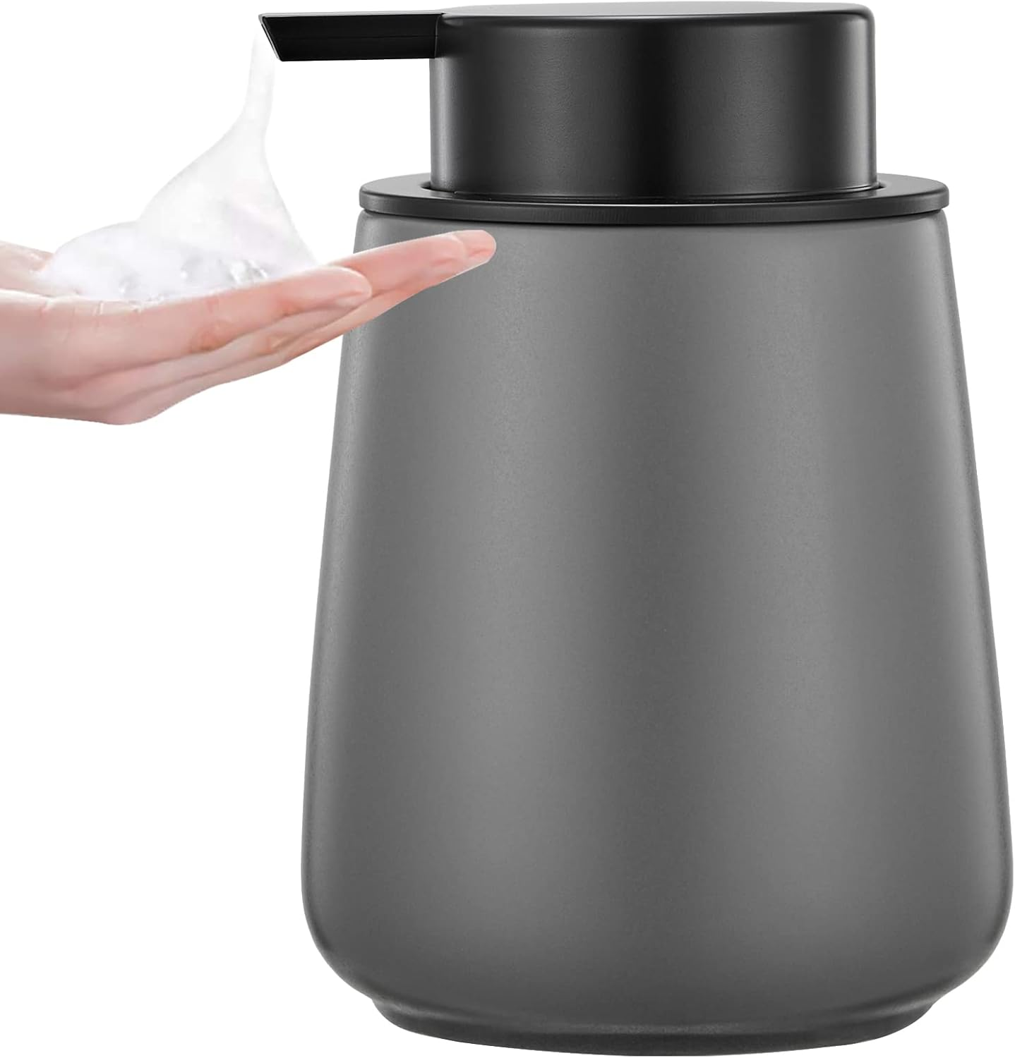 12Oz Grey Foaming Soap Dispenser - Ceramic Foam Hand Soap Dispenser with Easy-To-Press Black Pump, Refillable Bathroom Lotion Soap Dispenser, Dish Soap Dispenser for Kitchen Hand Wash Dispenser