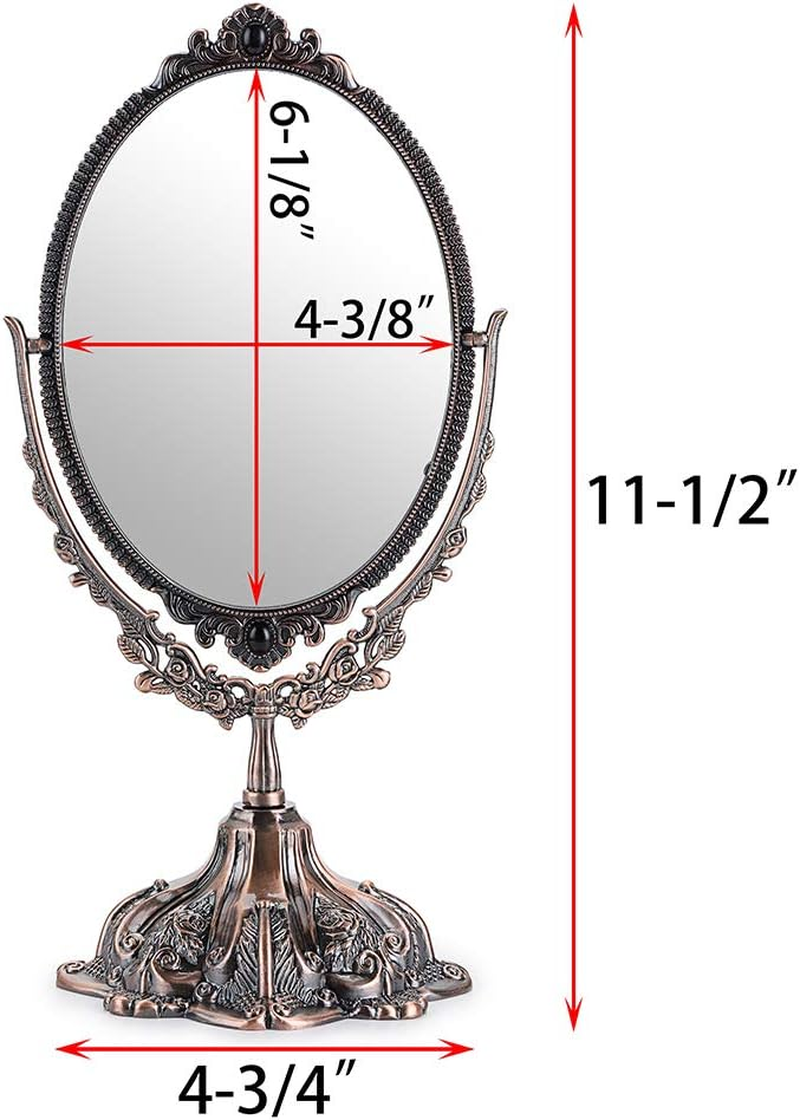 JUXYES Metal Tabletop Antique Decorative Makeup Mirror with Stand, Vintage Swivel Double Sided Cosmetic Mirror with Frame, Retro Desktop Oval Dressing Mirror for Bathroom Bedroom
