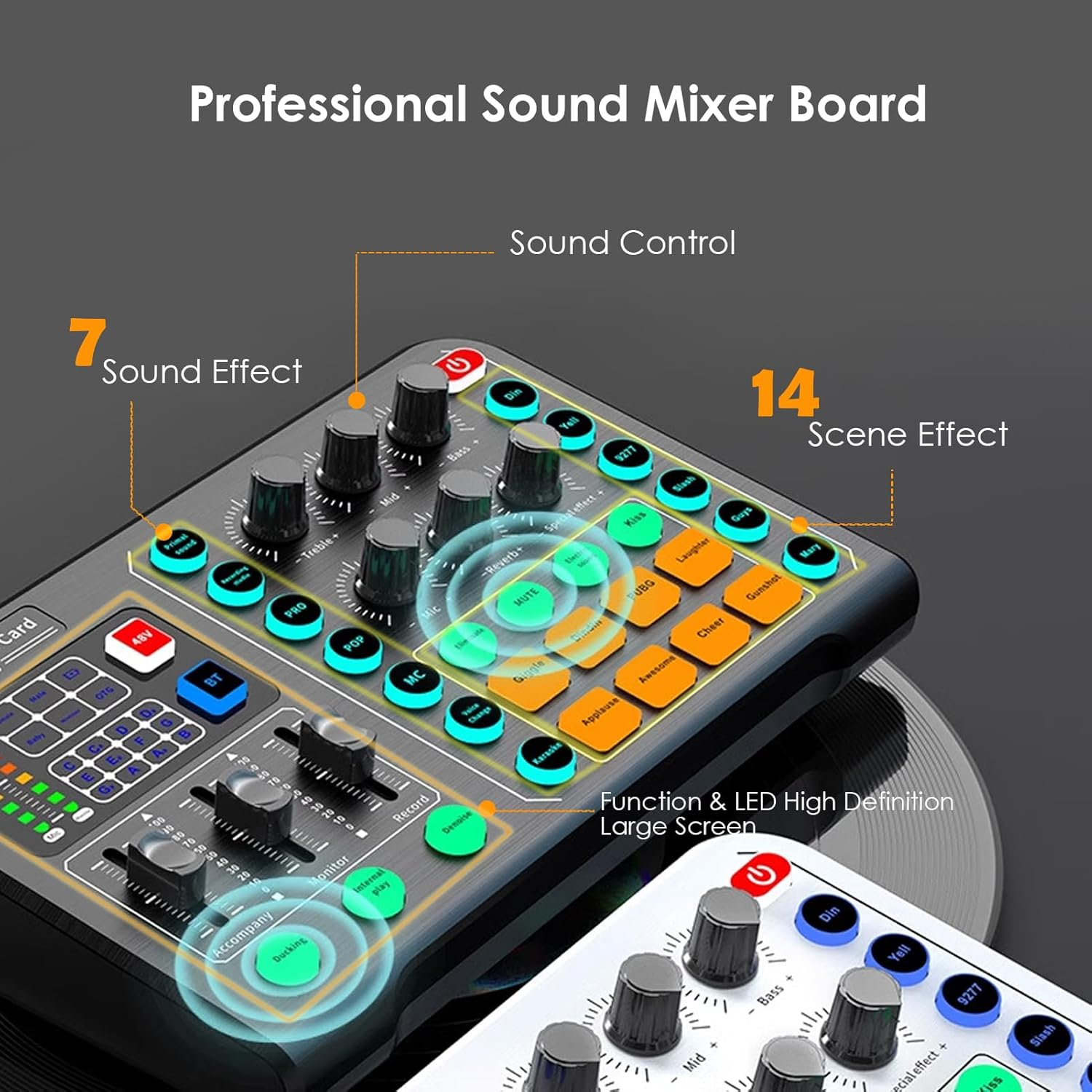 Live Sound Card, Bluetooth Professional Mini Audio Mixer Board with 15 Sound Effects, Audio Interface Support 48V Phantom Power, for Straming, Podcasting, Gaming