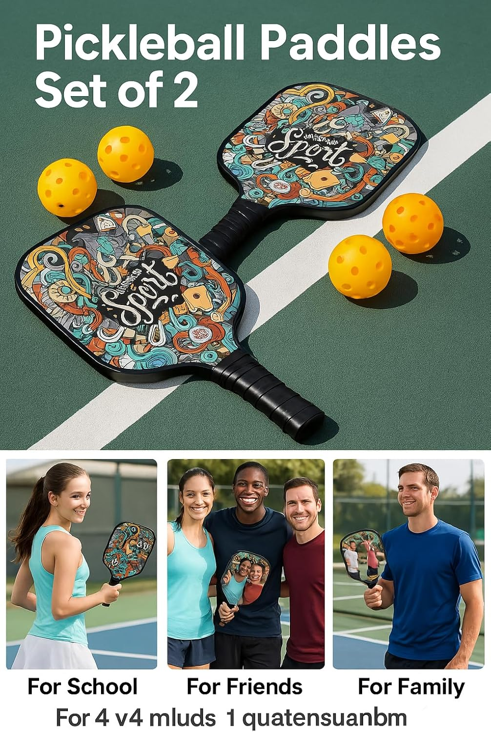 Pickleball Paddle Set of 2 &ndash; Lightweight Fiberglass Paddles with 4 Balls and Carrying Bag image number 3