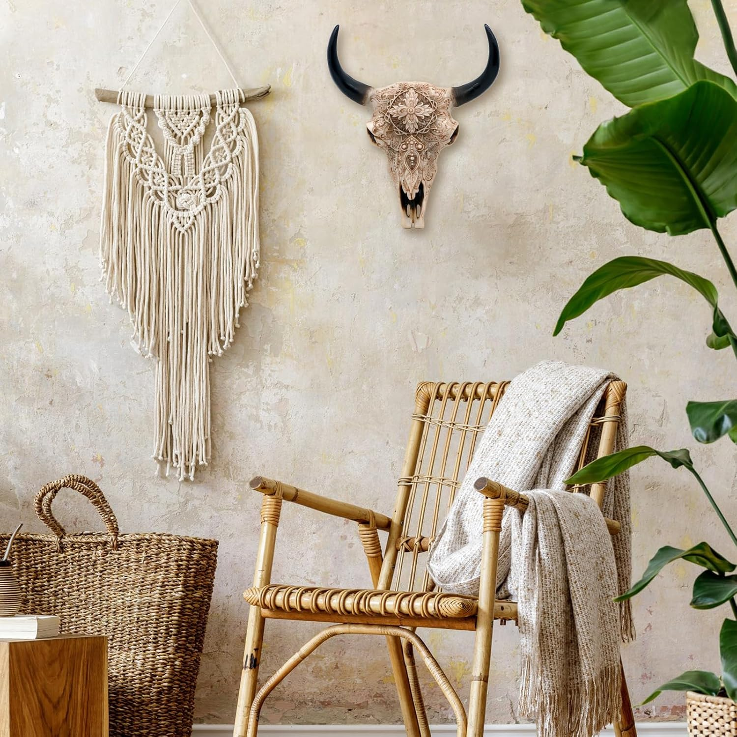 Boho Cow Skull Wall Decor - 9.3&rdquo; L Faux Bull Skull Wall Handing Resin Animal Steer Head Ornament Western Bohemia Room Ideas Decorations image number 2