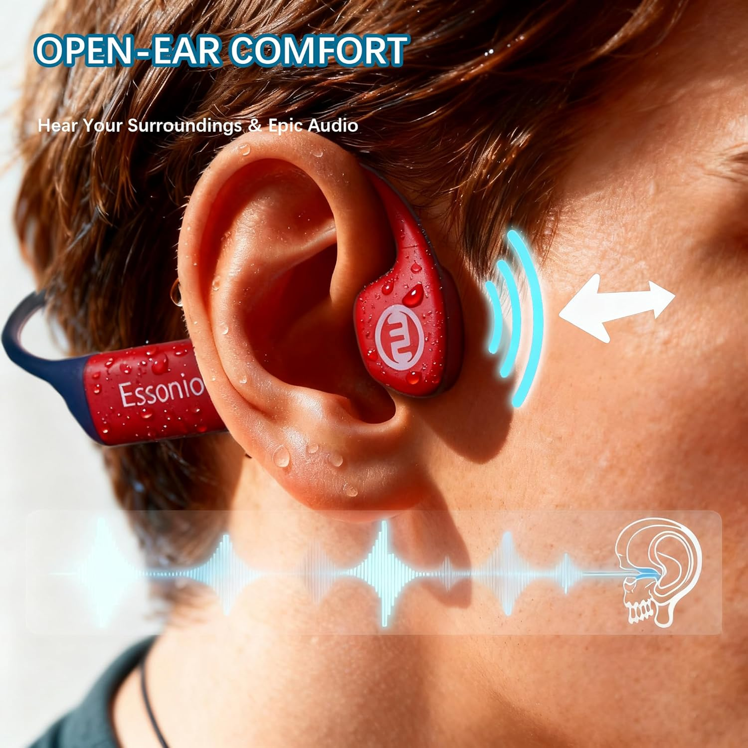 Essonio Usa Bone Conduction Headphones IP68 Waterproof Swimming Headphones with Mic Bluetooth Open Ear Earbuds with MP3 Mode 32GB Memory Deep Bass Secure Fit for Running, Cycling and Fitness, Blue - Bluered image number 4