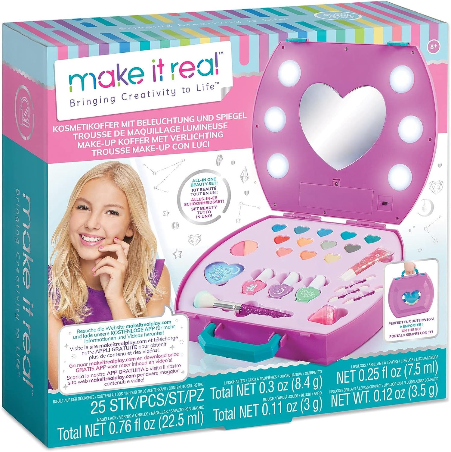 Make It Real - Light-Up Cosmetic Studio - Kids Makeup Case with Mirror and Lights for Girls and Tweens - Includes Eyeshadow, Nail Polish, Blush, Lip Gloss, Nail File, Makeup Brushes image number 5