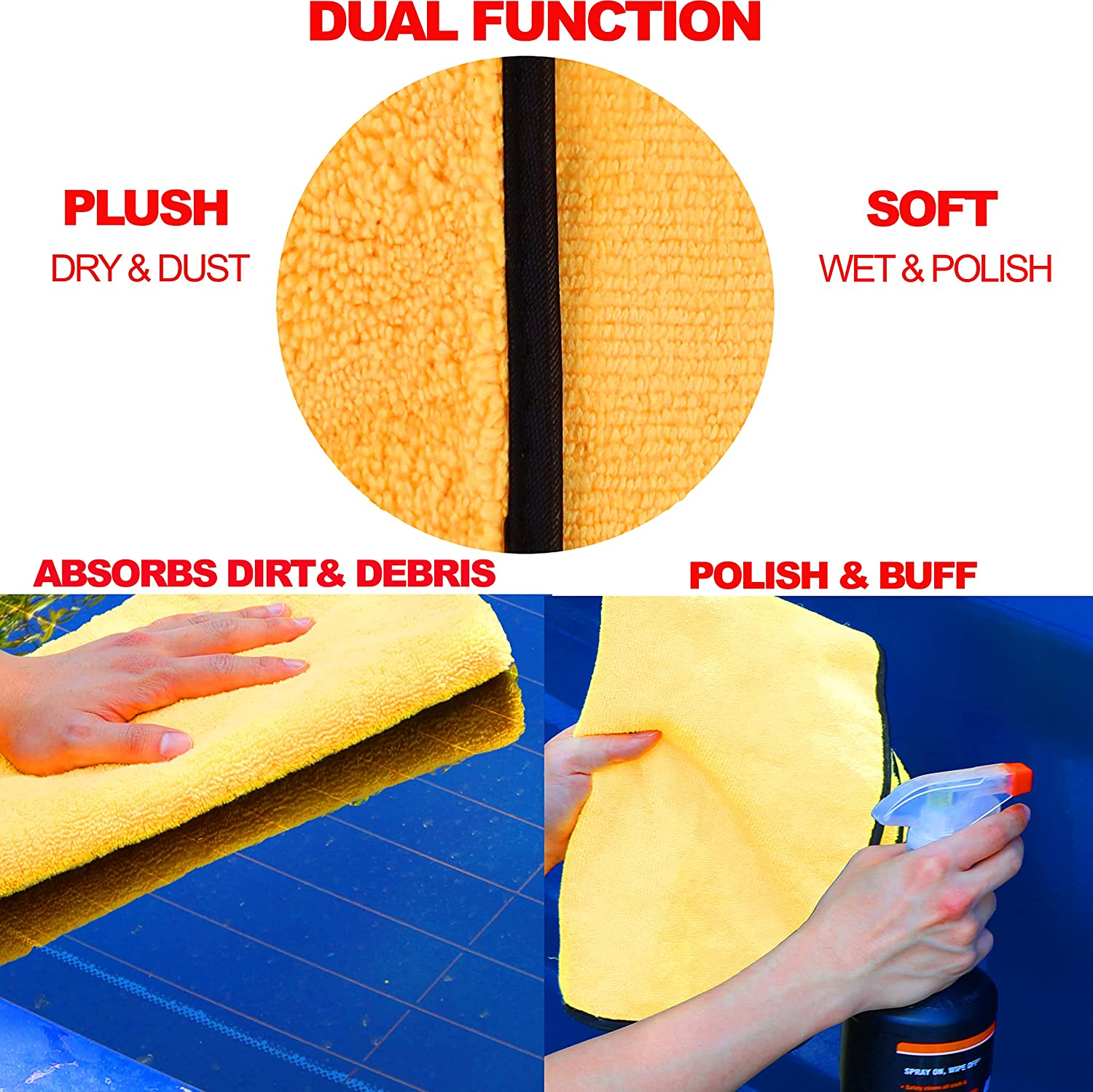 Simple Houseware 6 Pack Professional Grade Premium Microfiber Towels Dual Sided for Car Drying Towel and Household Cleaning, 16" X 24", Orange