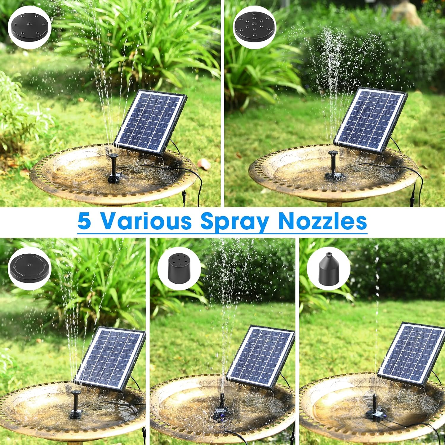 POPOSOAP Solar Bird Bath Fountain Pump, 6W Outdoor Solar Water Fountain Pump for Bird Bath with 4Ft Tubing & 5 Nozzles, DIY Solar Powered Water Pump for Garden, Ponds, Pool and Fish Tank
