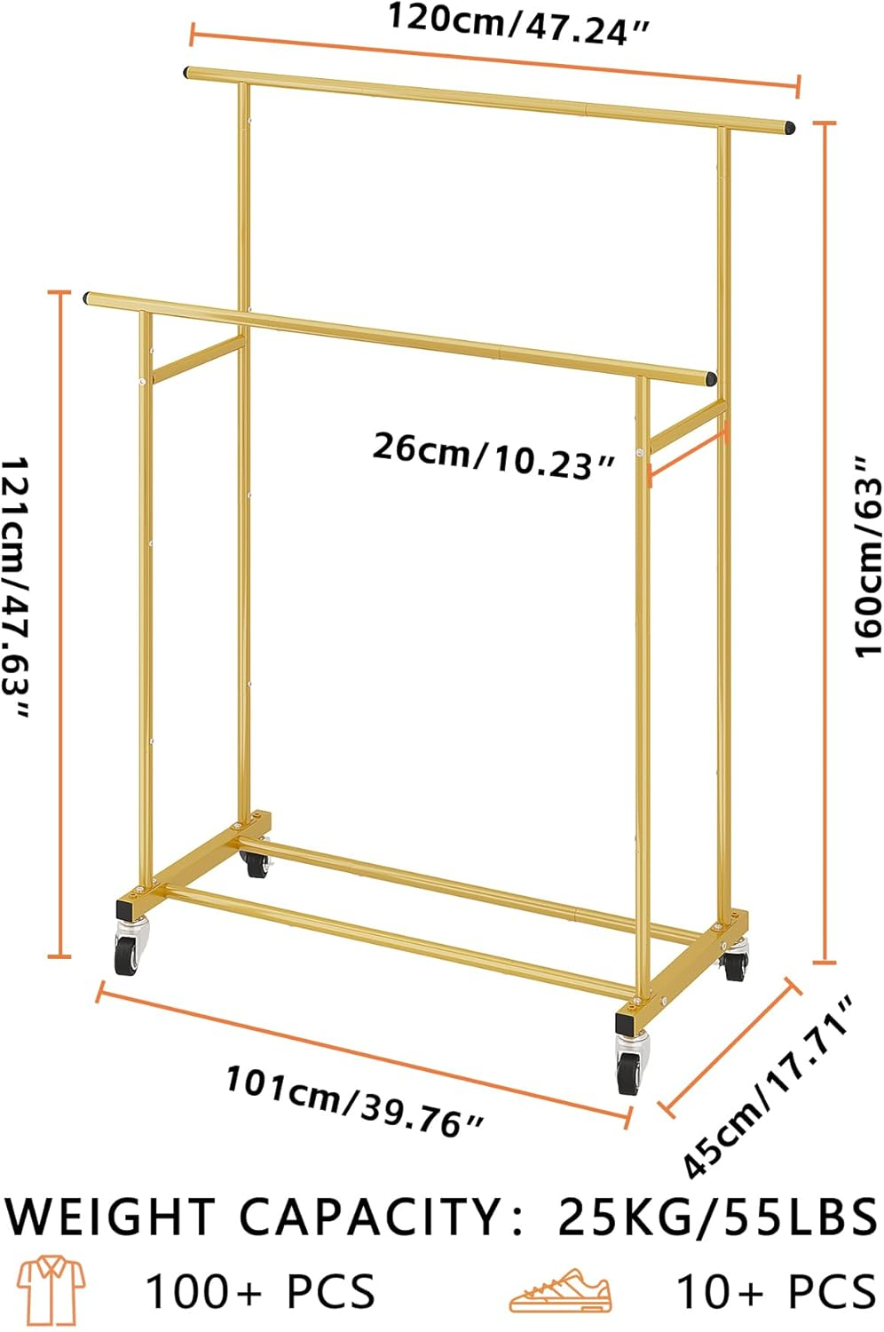 Calmootey Double Rod Clothing Garment Rack,Rolling Hanging Clothes Rack,Portable Clothes Organizer for Bedroom,Living Room,Clothing Store,Gold - Black image number 7