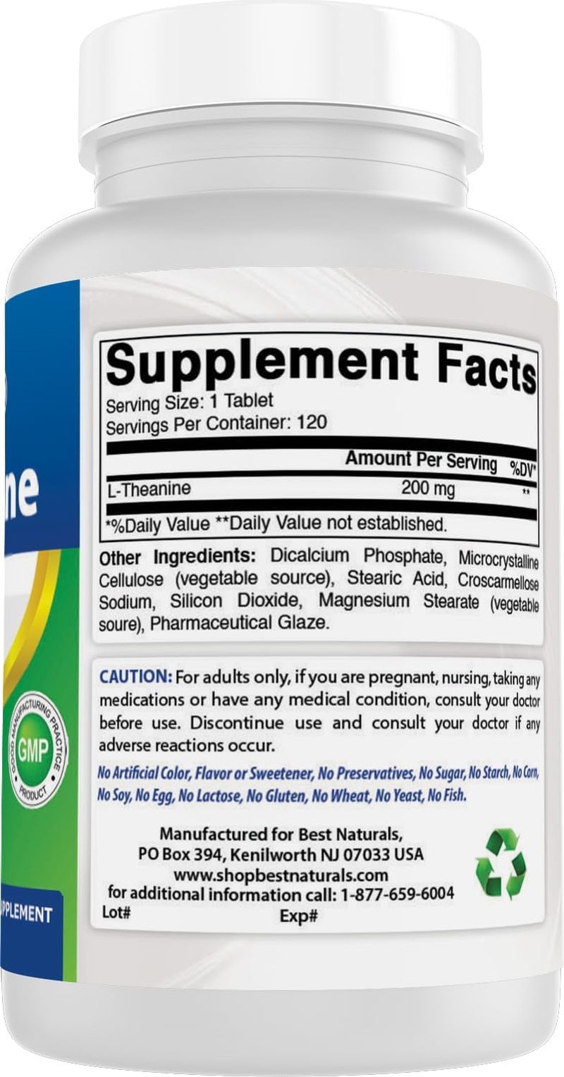 Best Naturals L-Theanine 200Mg per Tablet (400Mg per 2 Tablets) - Promotes Relaxation without Drowsiness - 120 Vegetarian Tablets - (120 Count (Pack of 1)) image number 4