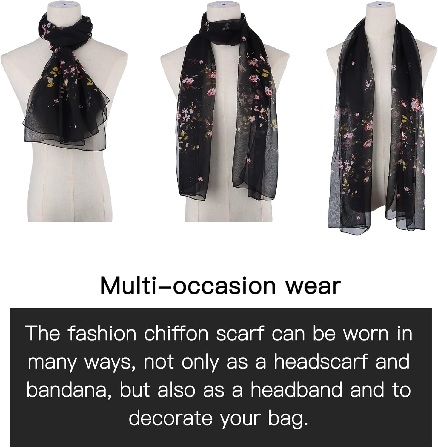 Floral Print Chiffon Scarf - Womens Fashion Scarfs Lightweight Head Scarf Sunscreen Scarves Shawls Wrap for Women - Black+White image number 2