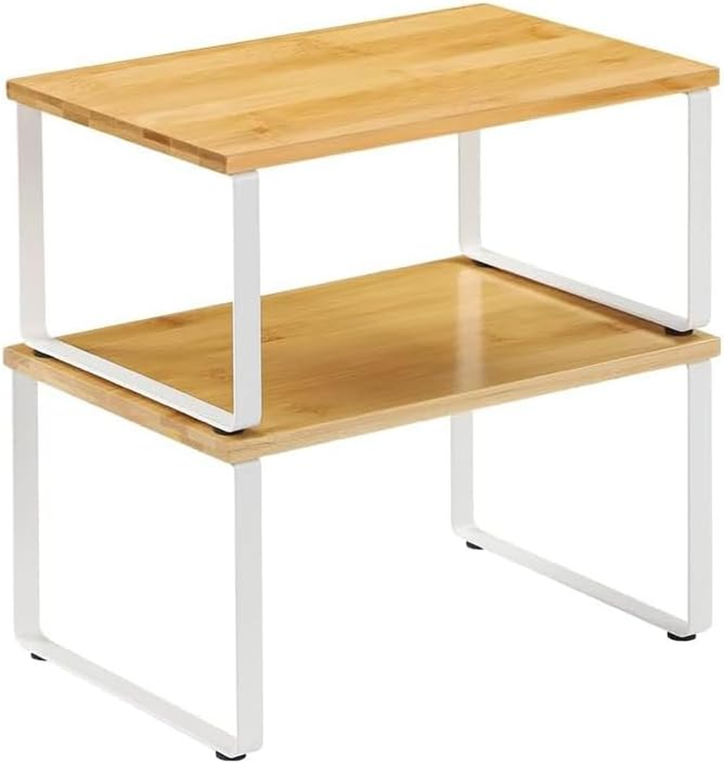 Cabinet Shelf Organizers Spice Rack, Set of 2, Kitchen Cabinet and Counter Shelf Organizer, Storage Shelves for Countertop, Stackable & Expandable, Metal White, Nature, 19.5 X 29.7 X 15.8 Cm image number 4