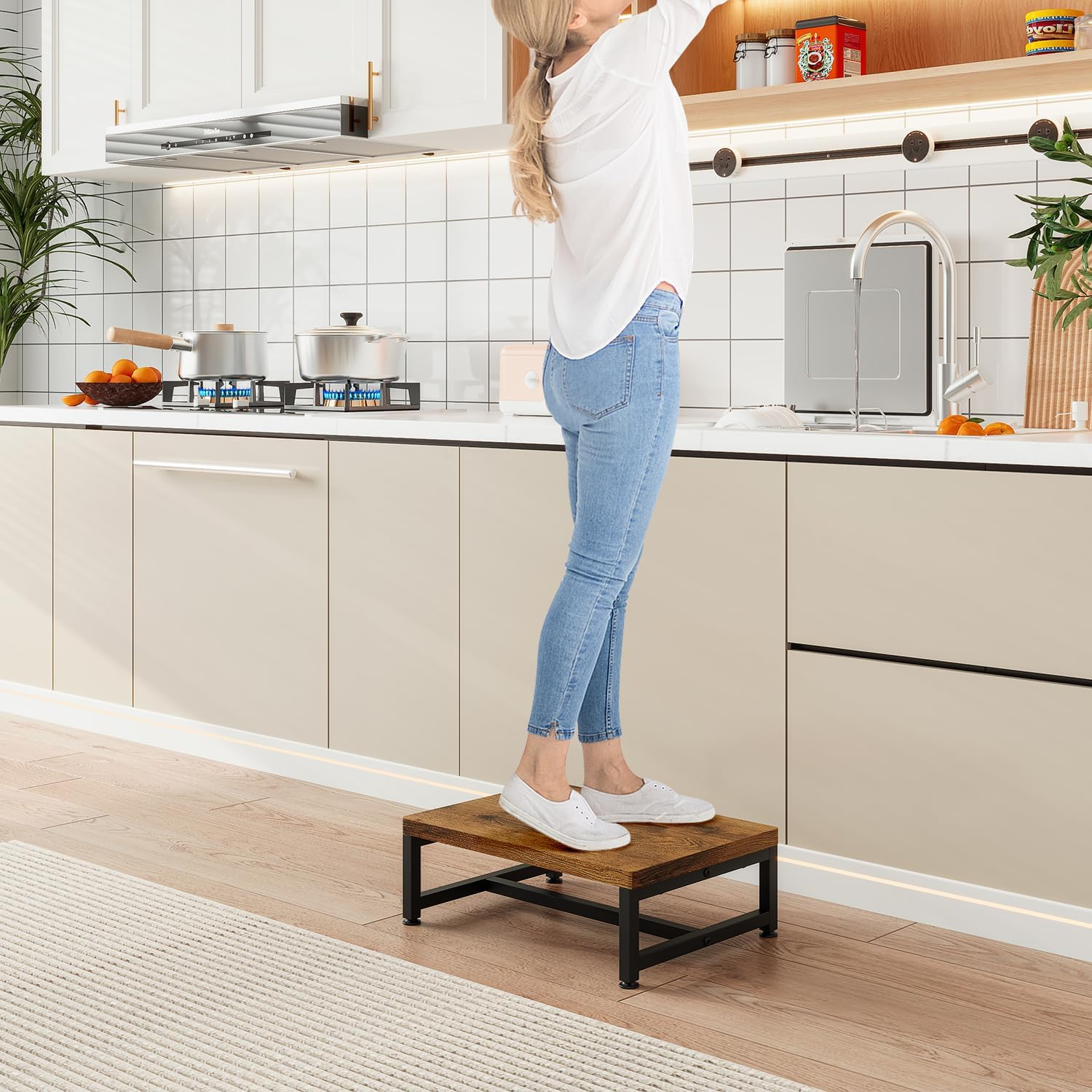 Forthcan Wooden Step Stools for Adults Kids, 2 Step Stool, Heavy Duty Wood Bedside Stepping Stool for Kichen/Bathroom/Bedside Step Stool (Single Tier (Brown)) image number 2