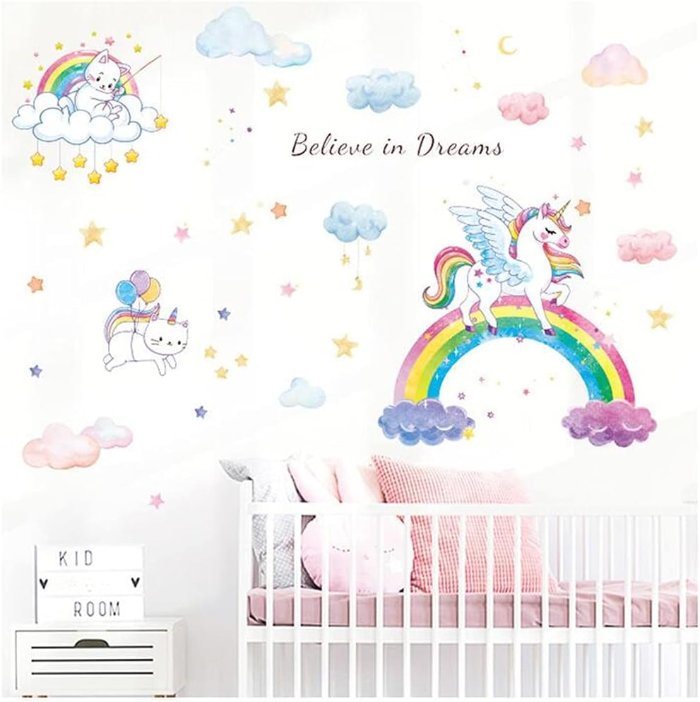Rainbow Unicorn Wall Decals, Large Size Removable Unicorn Wall Decal Stickers with Cute Cat Kitty Clouds Stars Art Decal, DIY Home Wall Decor Stickers for Girls Bedroom Baby Nursery Kid Birthday Party image number 6