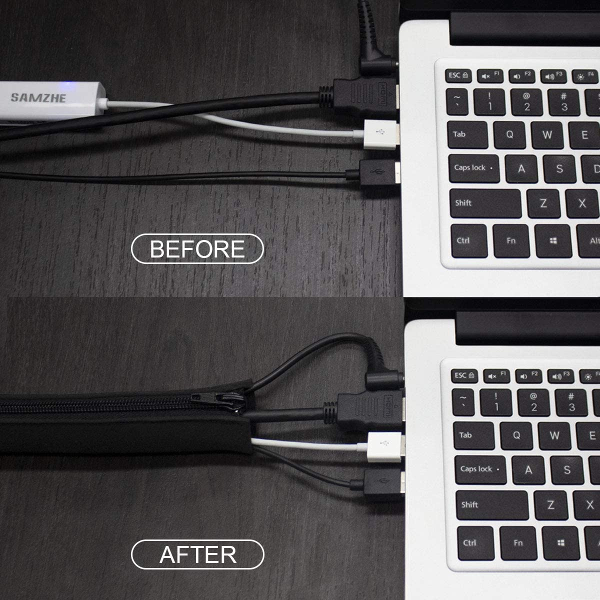 Teskyer Cable Management Sleeves, 20 Inch Cord Organizer Sleeve with Zipper, 4 Pack Wire Wrap Covers, Cable Organizer Sleeves for TV, Computer, Office, Home Entertainment, Black image number 2