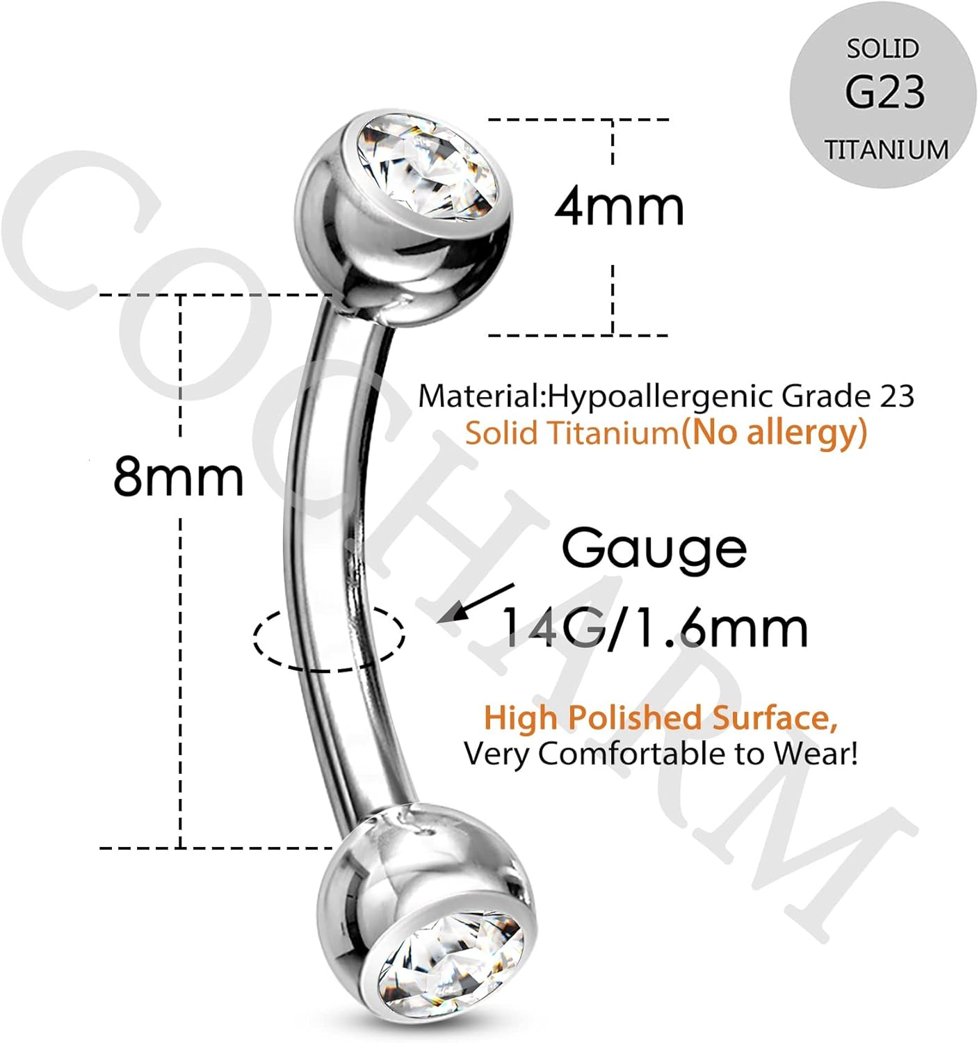 COCHARM Hypoallergenic G23 Solid Titanium 14G Belly Button Rings Cute Surgical Steel Belly Bar Curved Navel Bananabell 8Mm 10Mm 12Mm 14Mm 16Mm Navel Piercing Jewellery image number 3