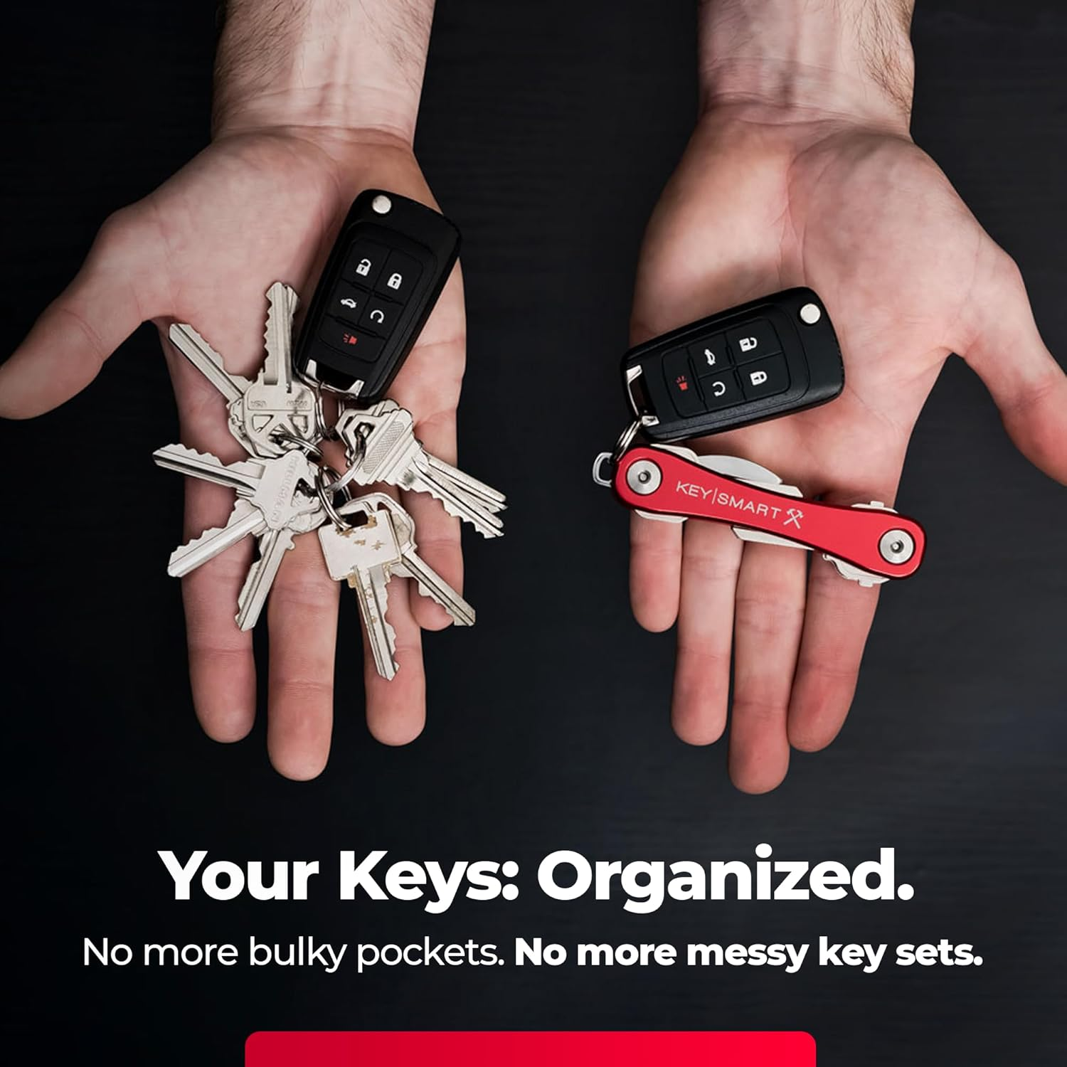 Keysmart Rugged - Multi-Tool Key Holder with Bottle Opener and Pocket Clip (Up to 14 Keys, Red)