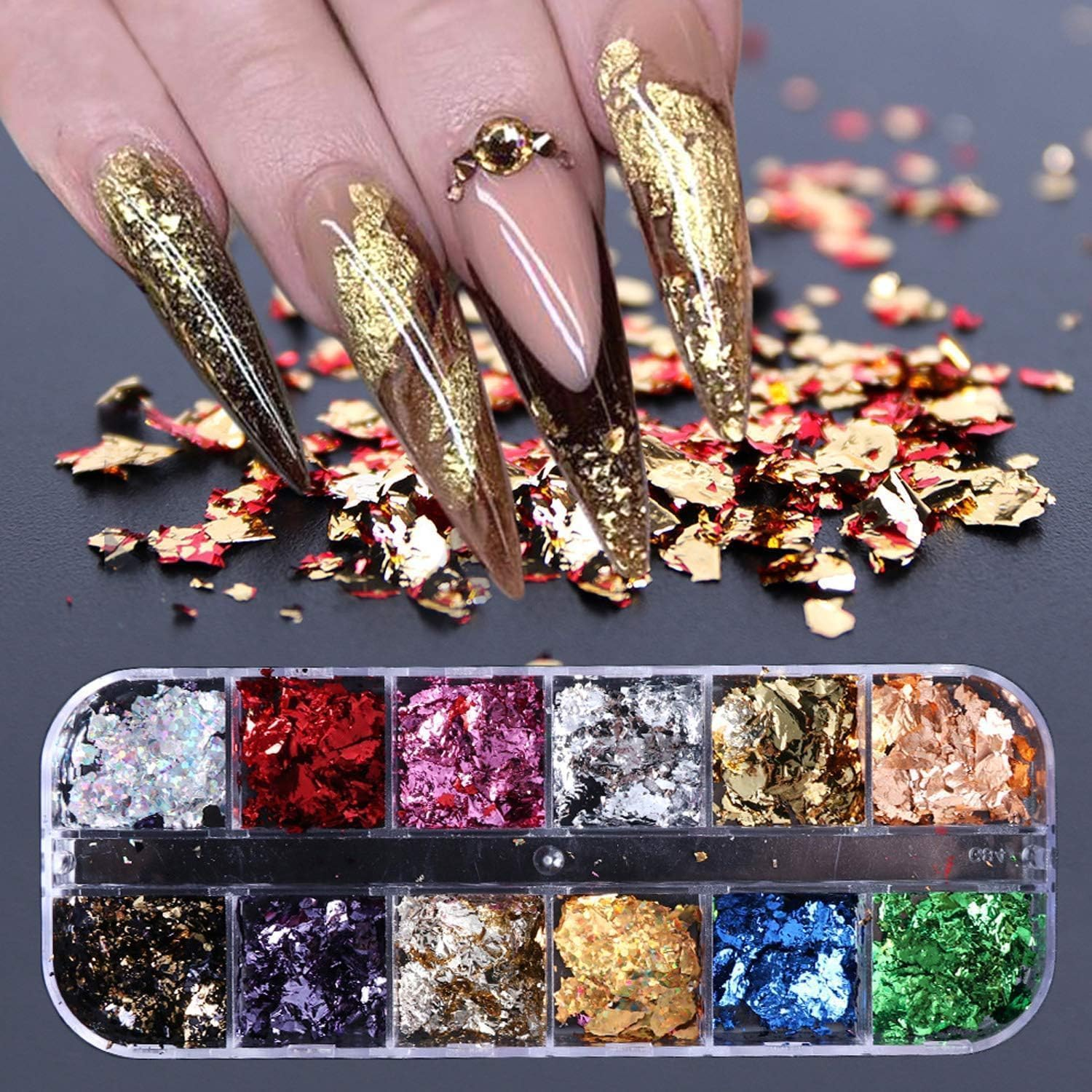 Nail Art Set, Arts Decals Stickers Fragments Nail Foil Art Nail Charms, DIY Manicure Nails Design Decal Decoration Flakes 12 Grids/Set image number 3