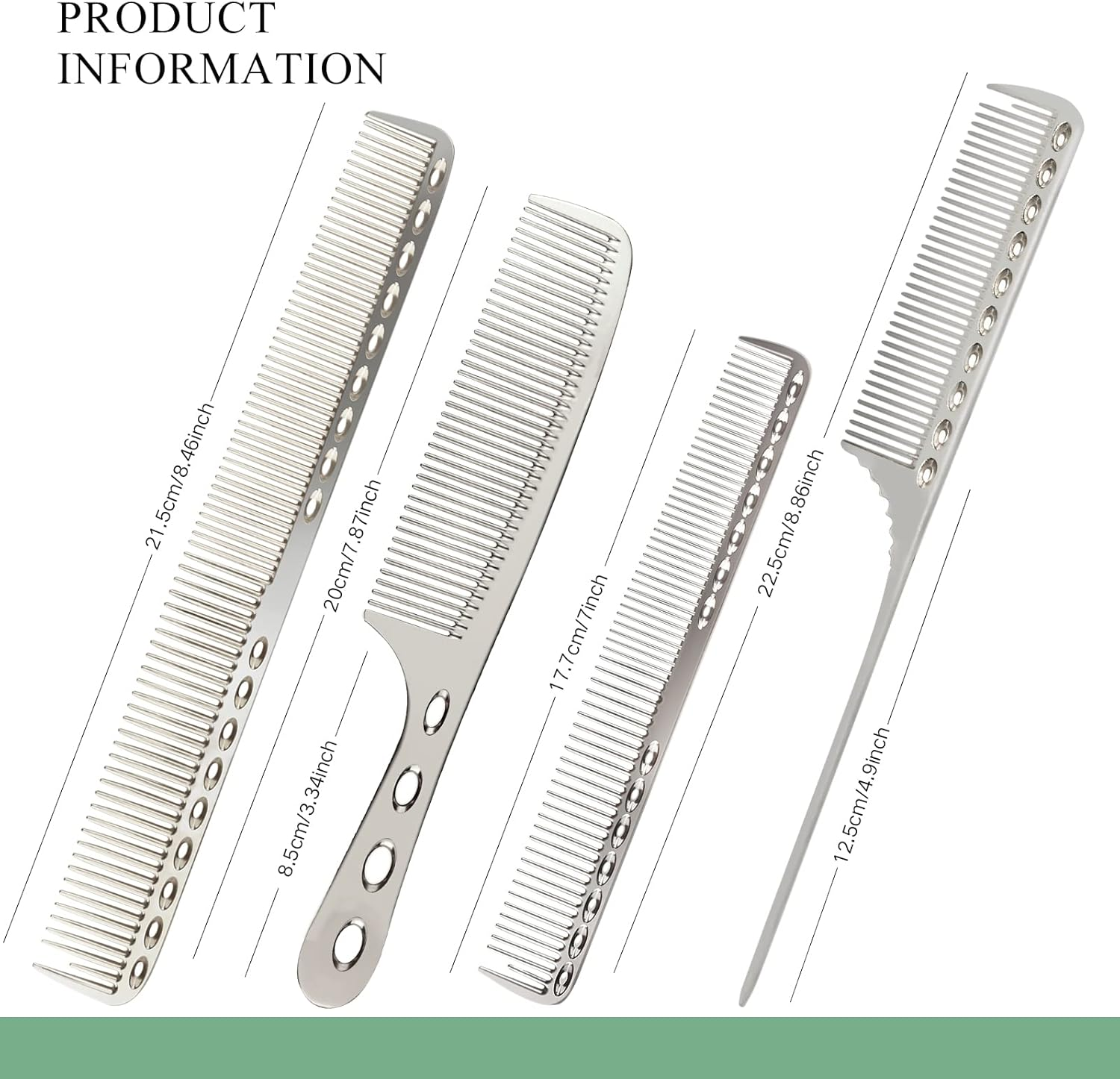 4 Types Metal Comb Set Professional Aluminum Dressing Comb Hair Comb Set for Barber Hair Styling, Included Fine Cutting Comb, Rat Tail Comb, Detangling Comb image number 3