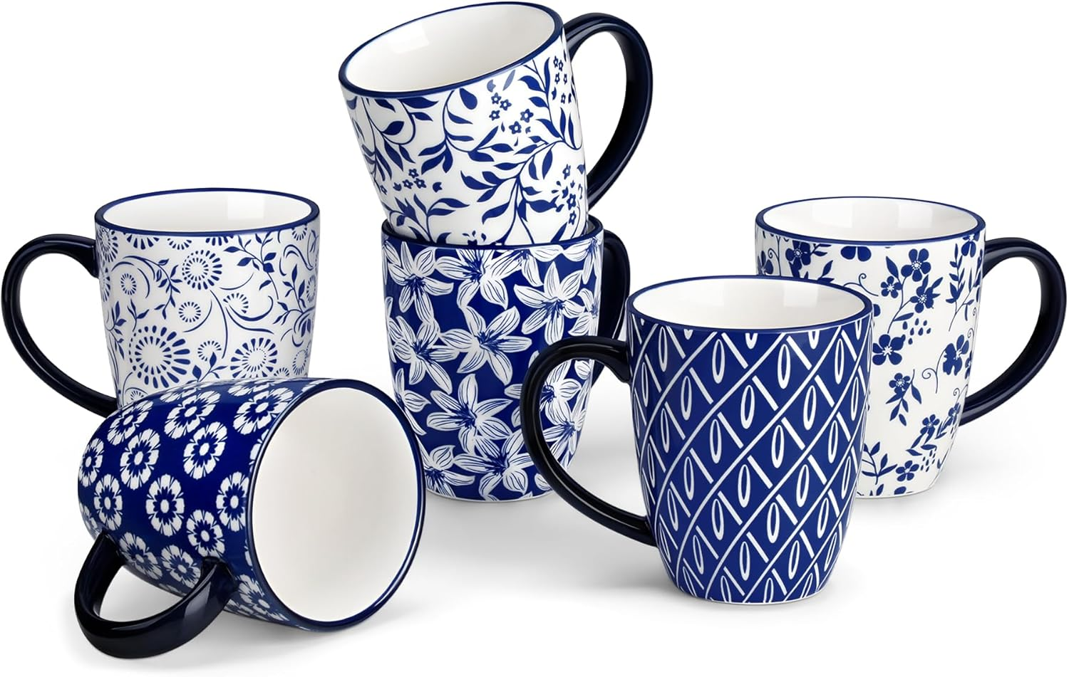 Vancasso Selene Coffee Cups Set of 6 Porcelain Mugs, 360 Ml Coffee Cups with Handle, Cup for Coffee, Milk, Tea & Cocoa, Vintage Blue/White