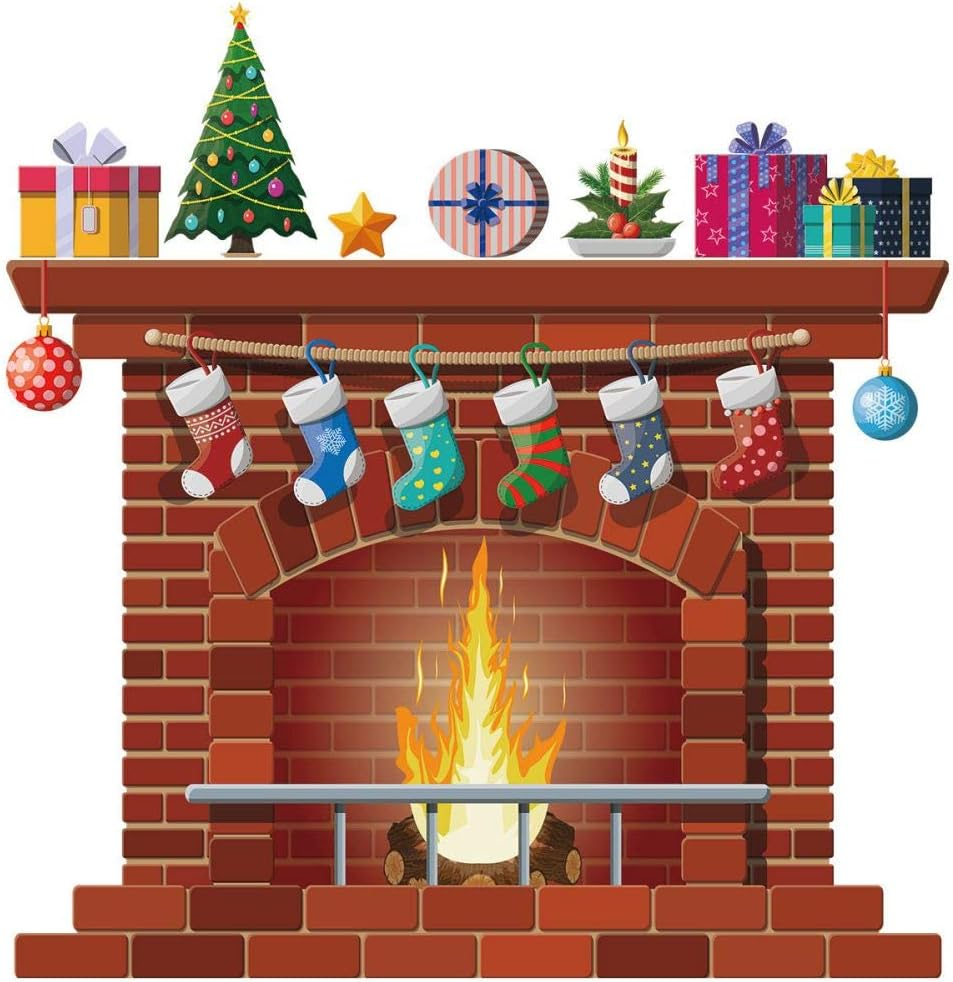 Christmas Fireplace Wall Stickers,Xmas Tree Gift Box Pattern Wallpaper,Christmas Fireplace Wall Decal Peel and Stick Self-Adhesive PVC Window Decal Removable image number 4