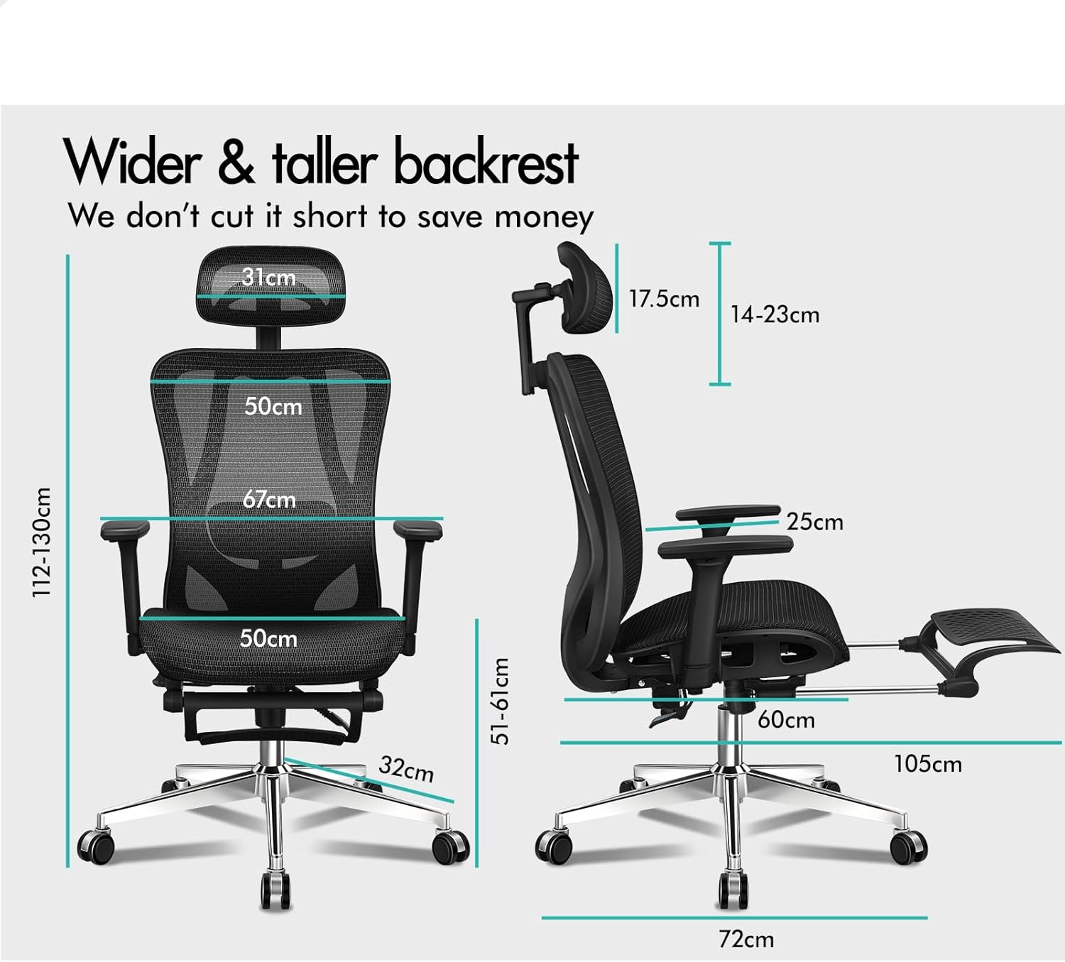 ALFORDSON Ergonomic Mesh Office Chair with 3D Armrest, Executive Study Computer Chair with Adjustable Headrest & Footrest, Recline & Tilt Gaming Desk Chair with Adaptive Lumbar Support, Black - White Black image number 7