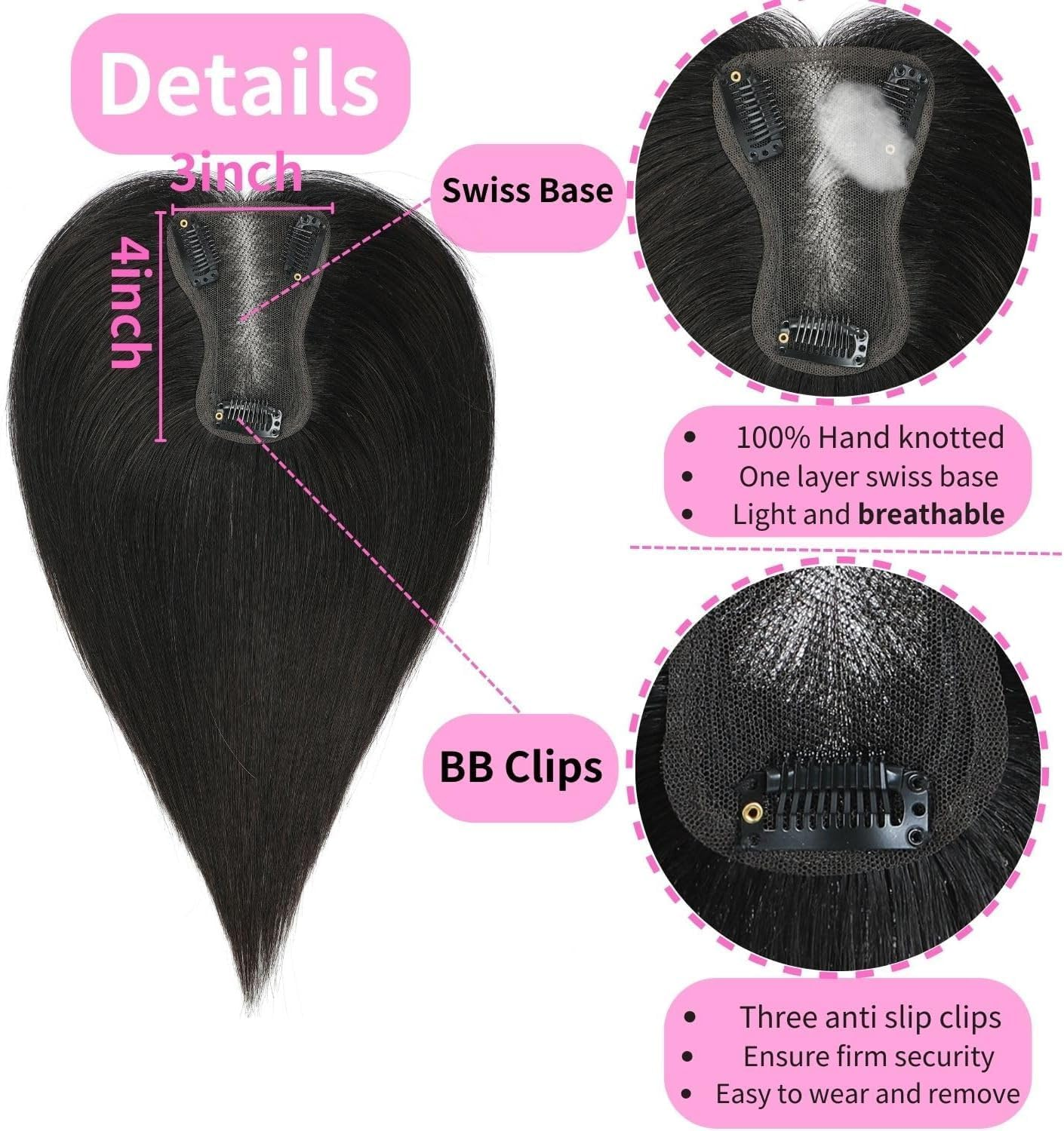 GULALUUK Human Hair Toppers for Woman Real Hairpieces for Thinning Hair 120 Density 3X4 Inch Swiss Bace (10Inch, Medium Brown) image number 5