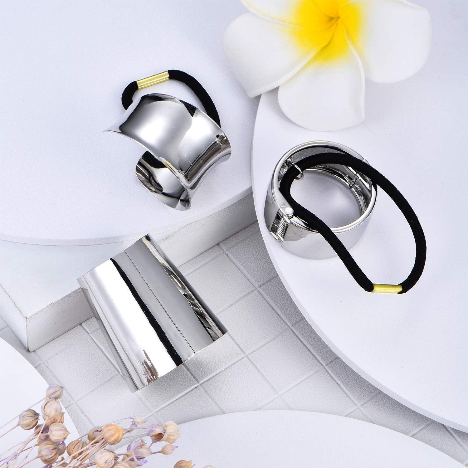 3 Pieces Metal Circle Hair Cuff Elastic Hair Band Hair Ties Ponytail Holder Hair Rope Accessory for Women Girls, 3 Styles (Silver) - Silver image number 3