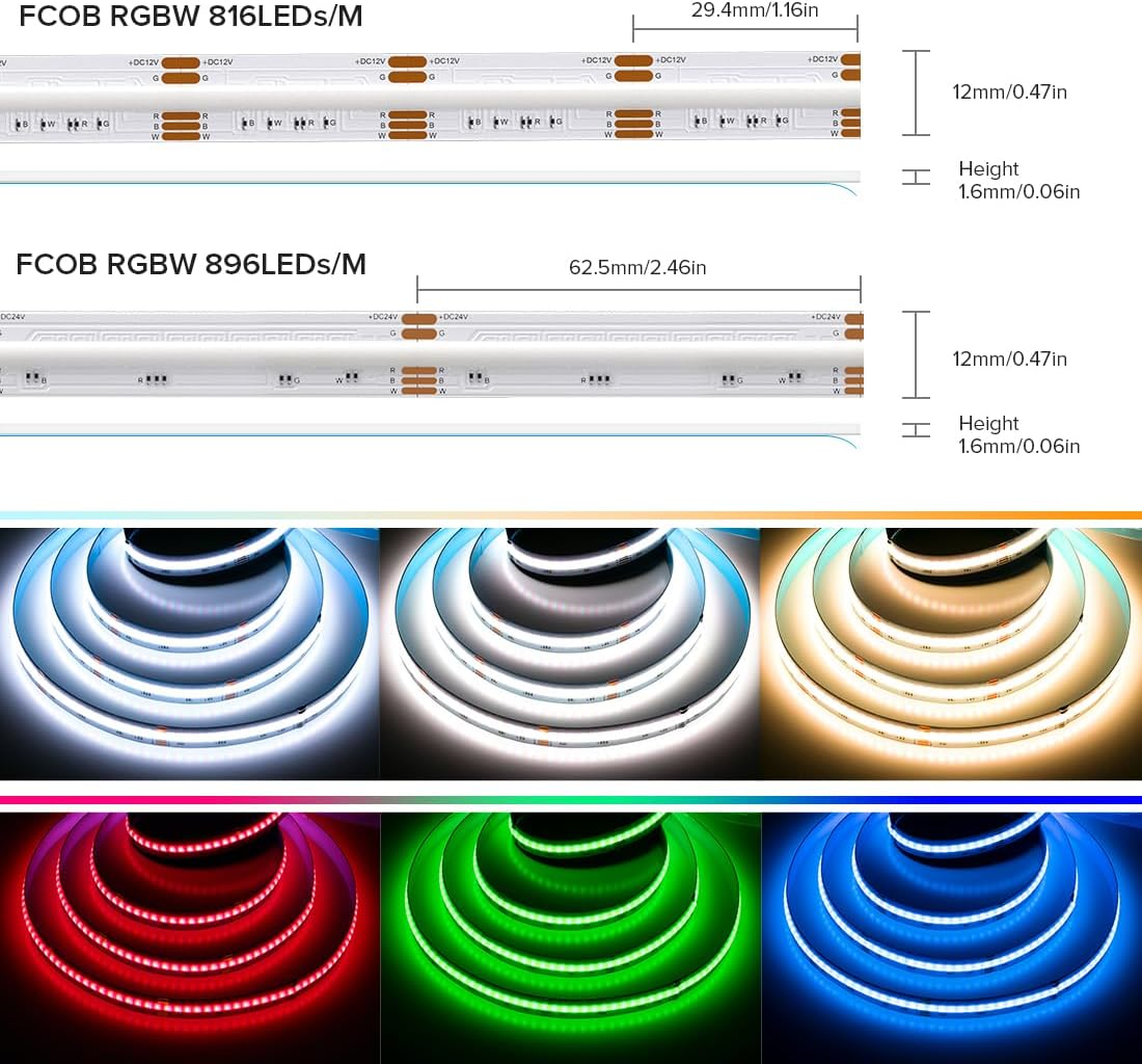 SEZO FCOB RGBW LED Strip RGBWW COB LED Strip Flexible RGB + Warm White (3000K) High Density Light Strip DC24V 5M 896Leds/M 16W/M Width 12Mm Multicoloured IP30 for Bedroom Kitchen DIY Home Decoration image number 4