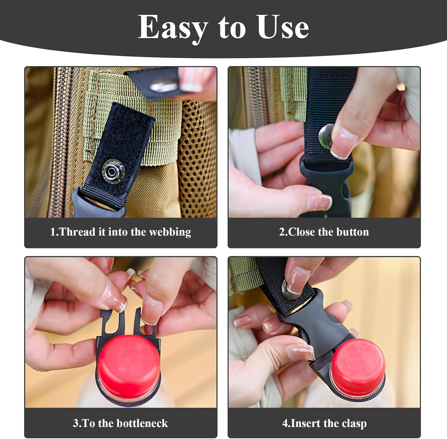 4 Pcs Water Bottle Clips - Secure Nylon Belt & Backpack Hanger for Hiking, Camping, Cycling - Portable Bottle Ring Holder for Outdoor Travel (Black) image number 5