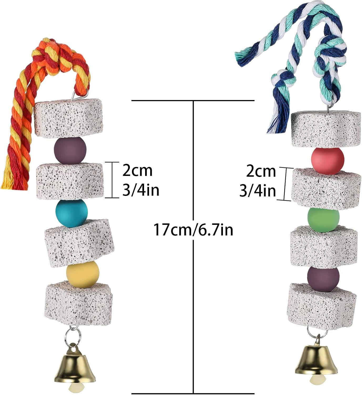 Sanwuta 4 Pack Bird Beak Grinding Stone with Bell Parrot Chewing Toy Parrot Beak Stone Lava Block Calcium Stone Bird Cage Accessories for Parakeet Cockatiel Conure Hamster Chinchilla Rabbit image number 6