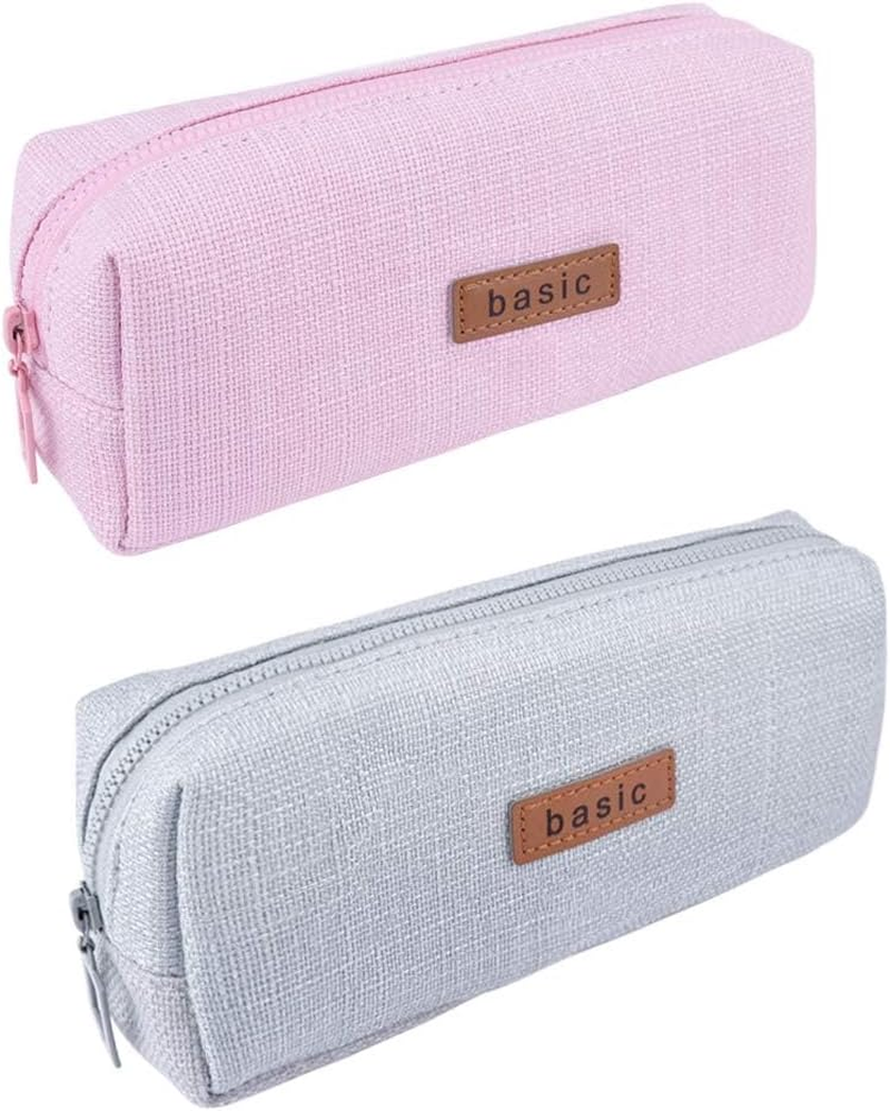 QYINXIU 2 Pack Small Pencil Case, Pencil Pouch, Cotton Linen Pencil Case Pouch Bag, Office Storage Organizer Coin Pouch Cosmetic Bag (Pink+Grey)
