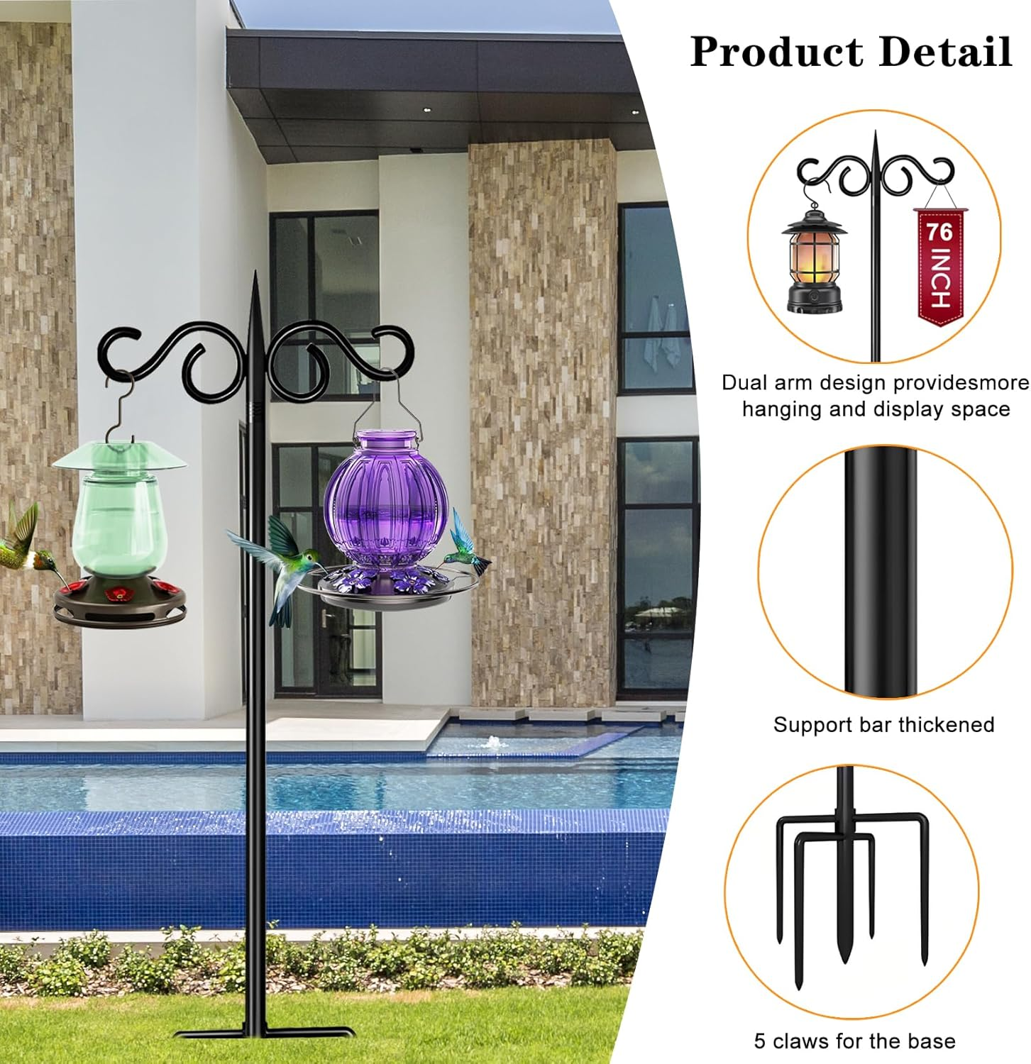 Shepherd Hooks Outdoor, 76 Inch with 5 Prong Base, Heavy-Duty Metal Bird Feeder Pole Stand for Hanging Plant, Flower Pots, Lanterns, Wind Chime, Weddings Decor image number 4