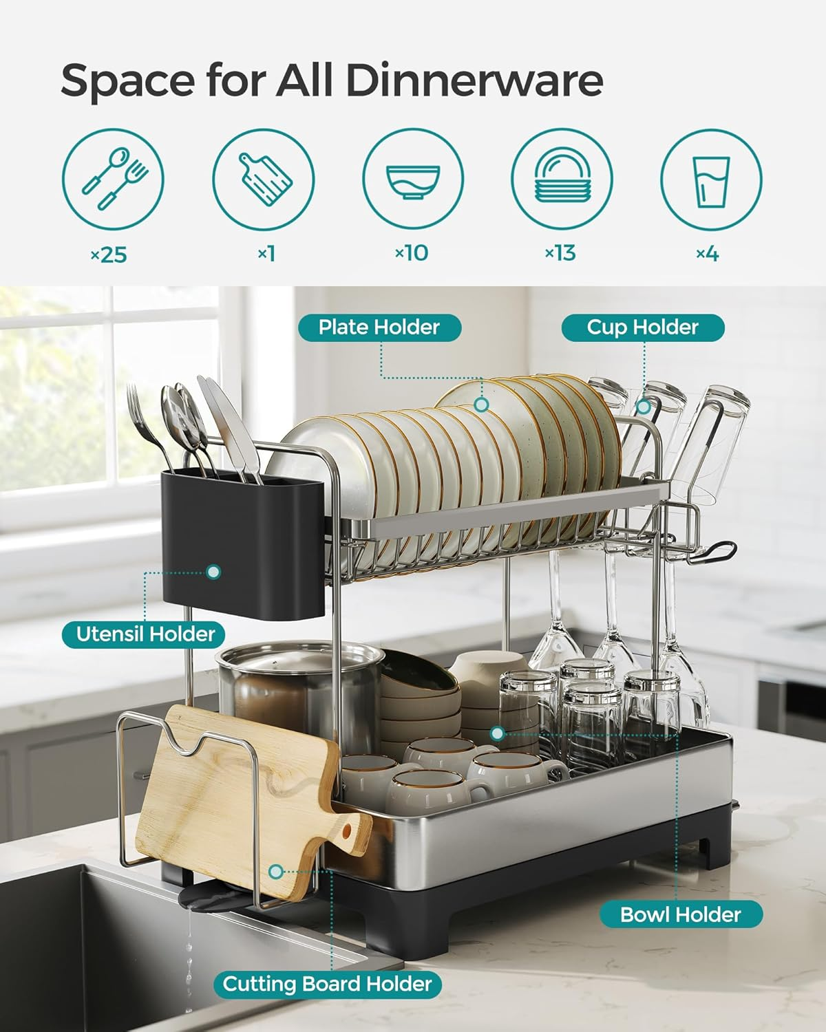SONGMICS Dish Drying Rack - 2 Tier Dish Rack for Kitchen Counter with Rotatable and Extendable Drain Spout, Dish Drainer with Utensil, Cup, Glass, Cutting Board Holders, Black UKCS032B01 image number 4