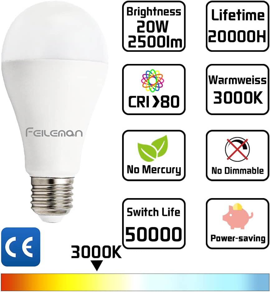 Feileman E27 LED Warm White 20 W Super Bright Light, 3000 K LED Light Bulb E27 20 W 2500 LM Replaces 153 W Halogen Bulb A65 LED Bulb High Brightness Ultra Bright Non-Dimmable Pack of 3 image number 3