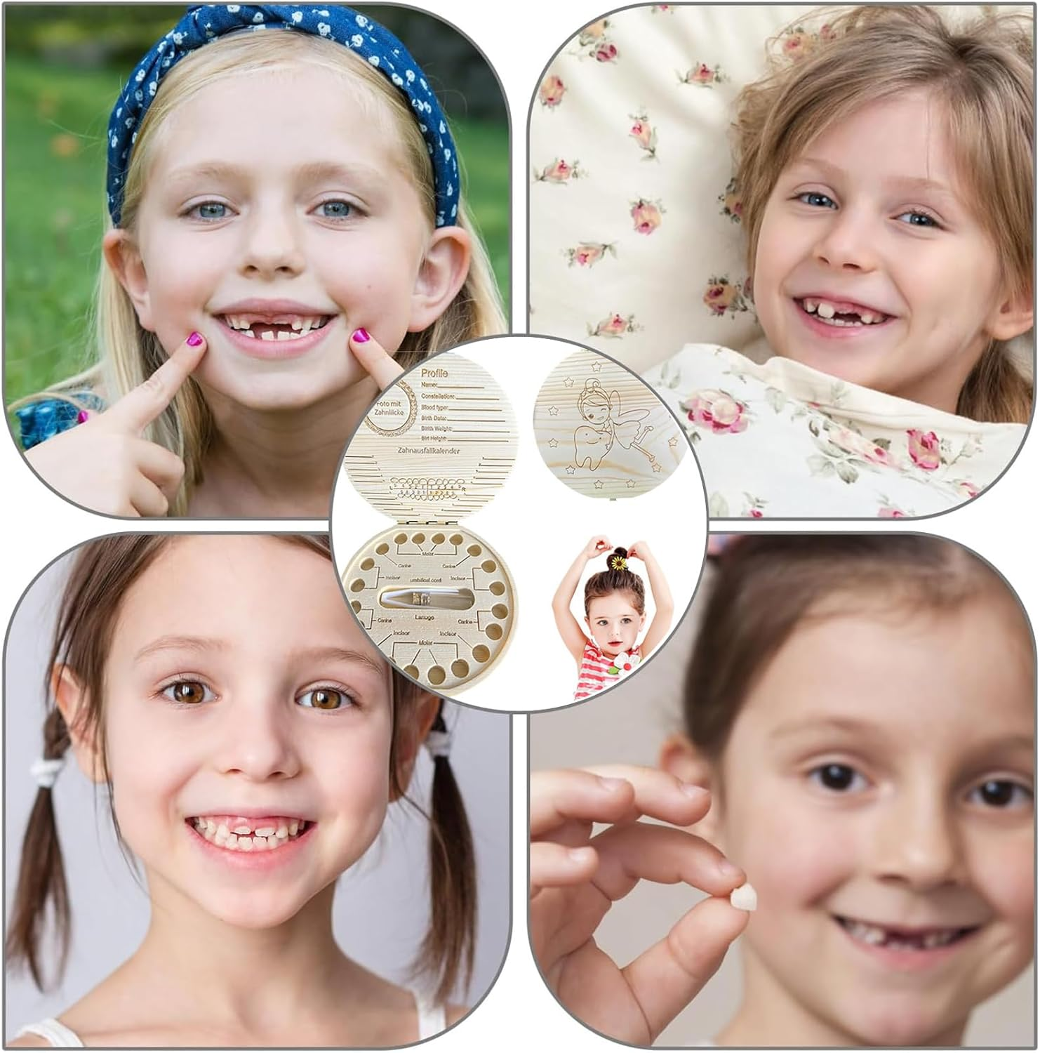 ZHIGOU Tooth Fairy Tooth Holder Umbilical Cord Keepsake Box,Cute Baby Teeth Keepsake Box with Tweezer and Fetal Hair Container,Girls Wooden Tooth Fairy Box Baby Teeth Box