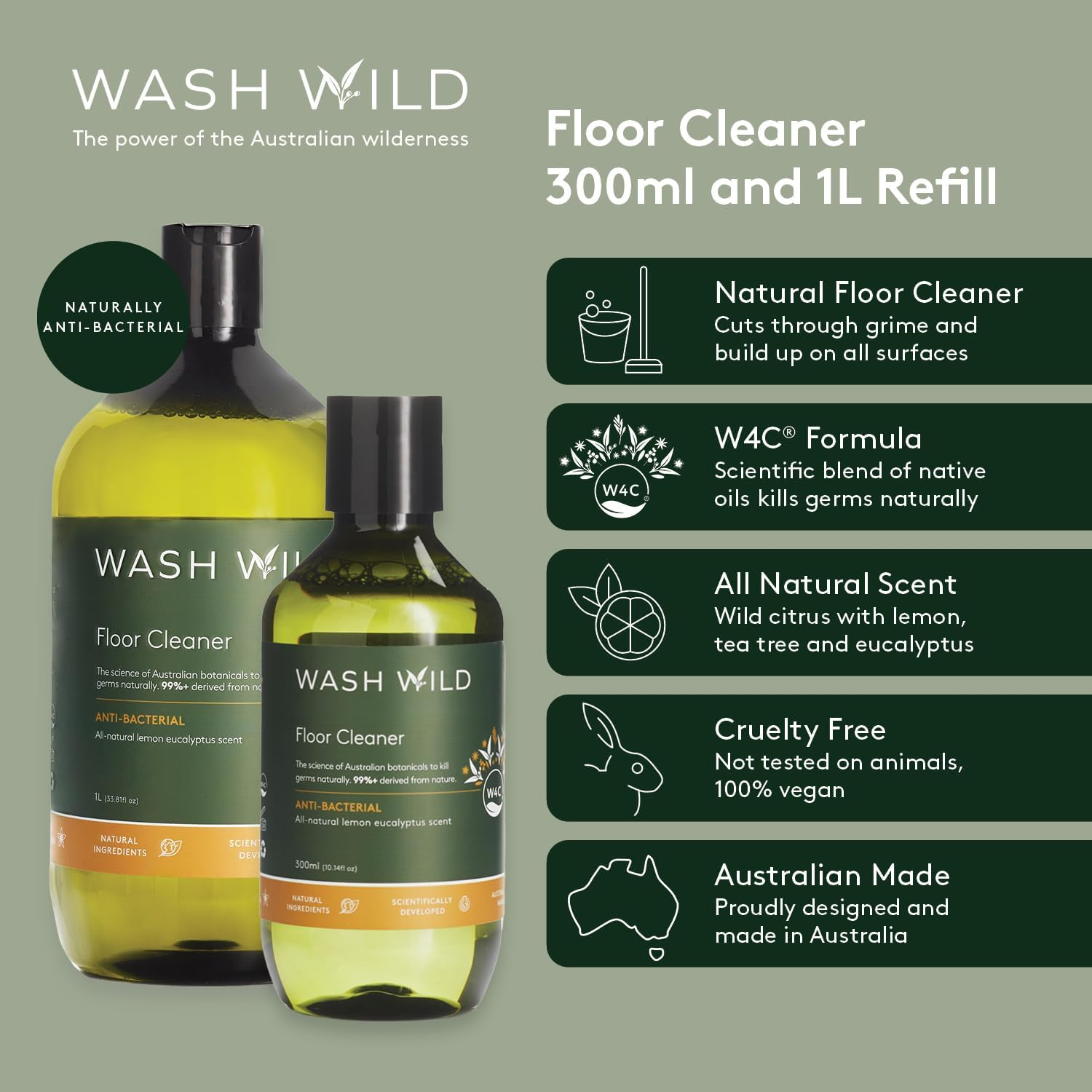 Wash Wild Floor Wash 1L, Natural Lemon Eucalyptus Scent, Concentrated & Non-Toxic Formula, Safe on All Surfaces