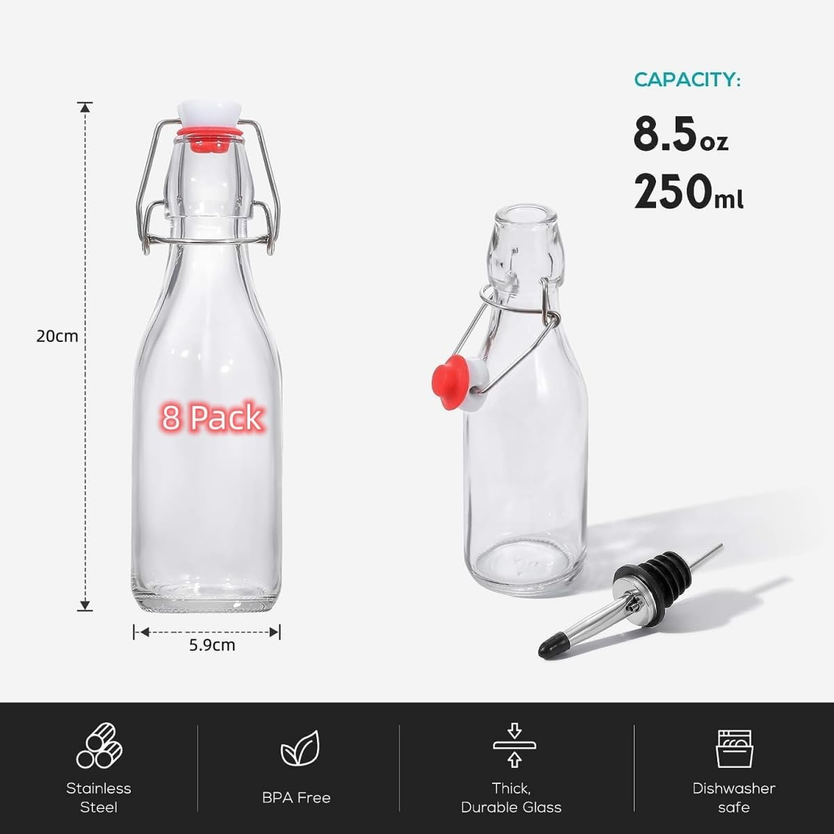 10Pack 250Ml Swing Top Glass Bottles, 8.5Oz Flip Top Beer Brewing Bottles with Stoppers for 2Nd Fermentation, Kombucha, Wine, Vanilla Extract, Juice, Tea, with Airtight Stopper Cap Lid, Pourers image number 2