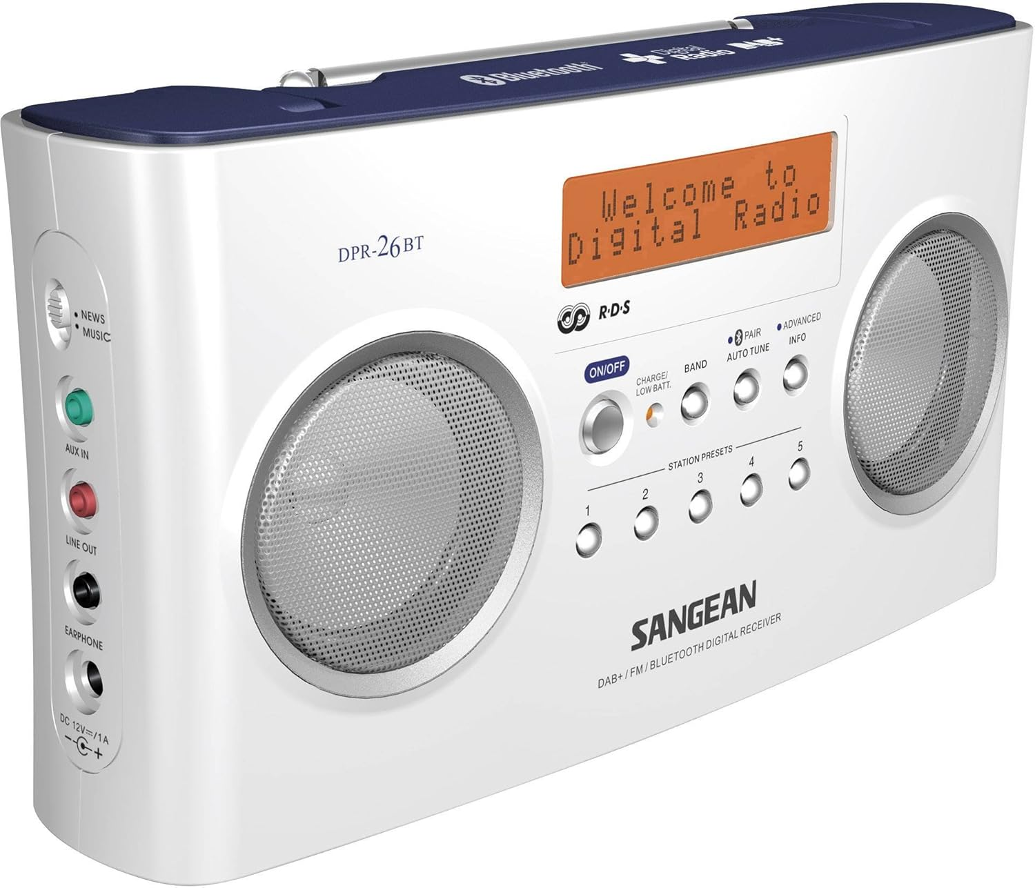 Sangean DPR-26BT Portable DAB+ Digital Radio (FM Tuner, Bluetooth, Aux-In) White image number 2