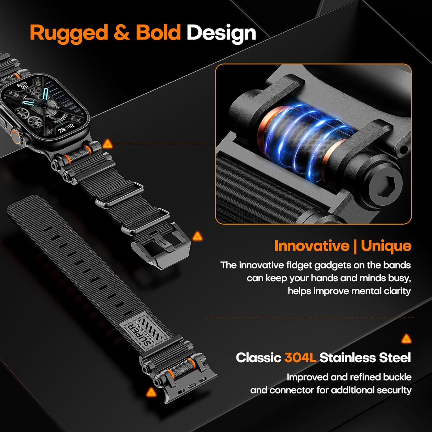 TAURI Band with Stainless Steel Metal Connector Designed for Apple Watch Ultra 3/2/1 49Mm, Iwatch Series 11/10/9/8/7/6/SE/5/4 46Mm/45Mm/44Mm, Innovative Roller Adjustable Nylon Strap - Armygreen image number 5