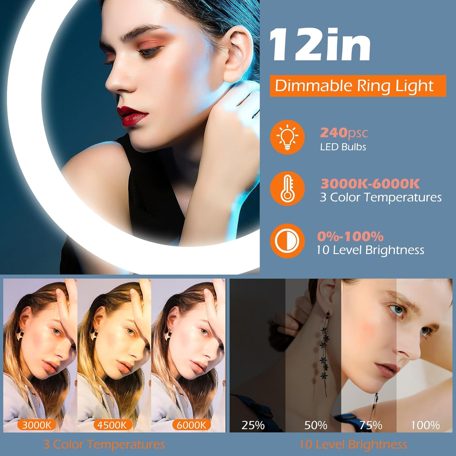 Sensyne 12'' Ring Light with 50'' Extendable Tripod Stand, LED Circle Lights with Phone Holder for Live Stream/Makeup/Youtube Video/Tiktok, Compatible with All Phones image number 4